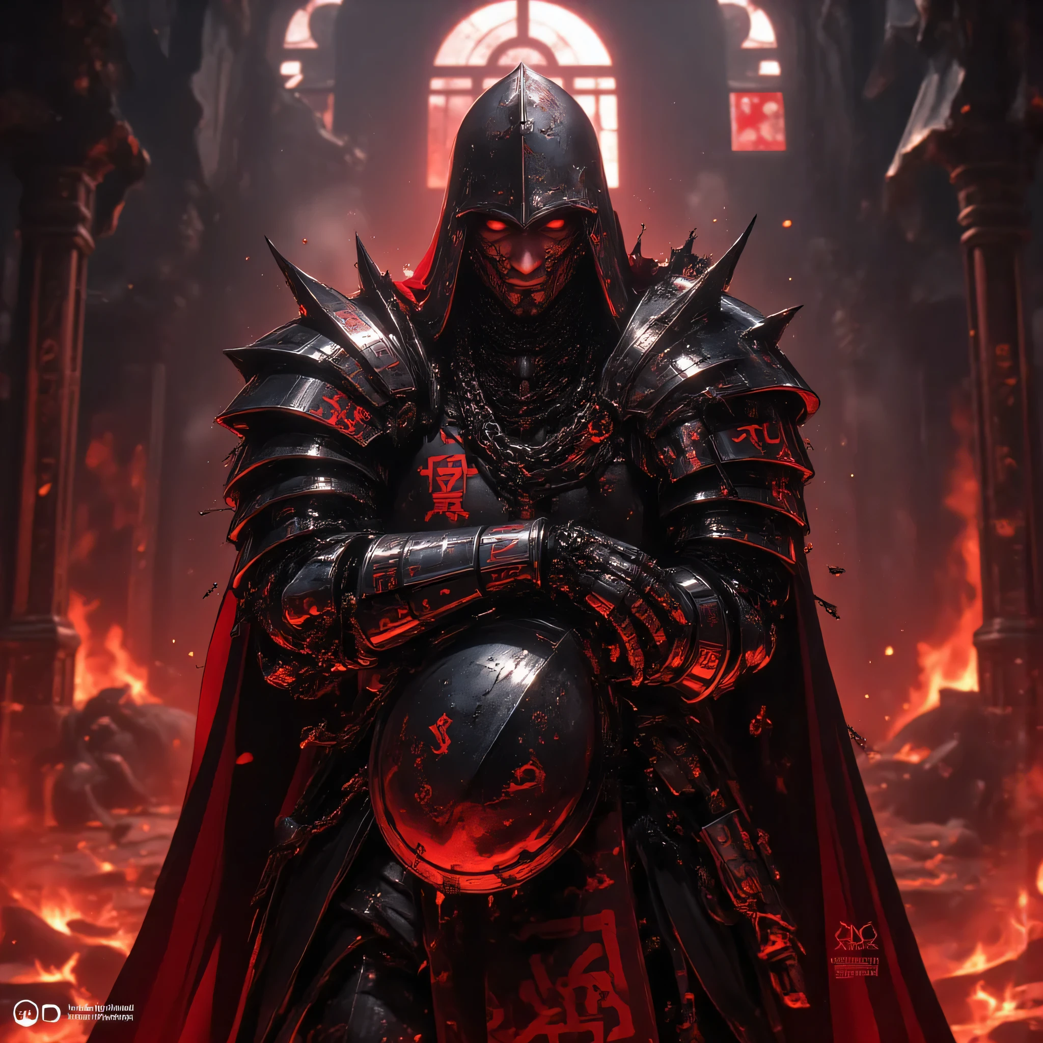 “Dark demonic templar knight emerging from deep shadows, ultra-detailed gothic armor fused with infernal symbols, glowing red runes engraved in steel, cracked worn helmet under his arm revealing a battle-scarred face, war-torn skin, deep cuts healed over time, sinister gaze, eyes burning like embers, imposing presence, heavy chainmail with cursed engravings, black tattered templar tabard stained with ancient blood, volumetric light behind him highlighting silhouette, floating ash particles, ruined cathedral interior with massive broken pillars, stained-glass shattered, fires burning in background, dynamic chiaroscuro lighting, hyperrealistic textures, cinematic depth of field, medium shot, upper-body focus, dramatic composition, ultra-sharp details, 8K realism, photography style, high contrast, dark fantasy atmosphere, intricate armor reflections, atmospheric fog, epic mood, masterpiece, highly detailed, photorealistic, HDR, shadows enhanced, embers drifting around armor, smoke trails, demonic energy swirling subtly around his figure, ultra-dark ambiance, thick gothic mood, stone floor glowing faintly with occult sigils, tension and power in posture, visually overwhelming, dark red palette with black metallic accents”
Negative Prompt:
“bad anatomy, deformed face, mutated hands, extra limbs, distortion, watermark, text, blurry, low resolution, oversaturated, cartoon, flat lighting, amateur style, misshapen armor, duplicated features, floating limbs, wrong proportions, poorly rendered eyes, incorrect shadows, low-detail skin, unfinished image, artifacts”