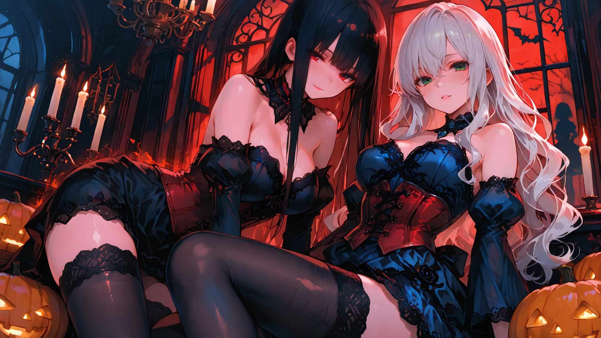 (msterpiece:1.3), (8k, RAW photo, best quality: 1.4), beautiful face, beautiful hairstyle, beautiful detailed eyes, beautiful skin, absurdres, attractive, ultra high res, highly detailed,NSFW, 3 girls in abandoned underground basement, big breast,facial close up,necklace,arms behind back,evil smile,knife,light long hair, ultra detailed skin,Heavy makeup, flower hairpin, naked,colorful patterned lace dress, dirty ground,bondage,half body,sitting on bed