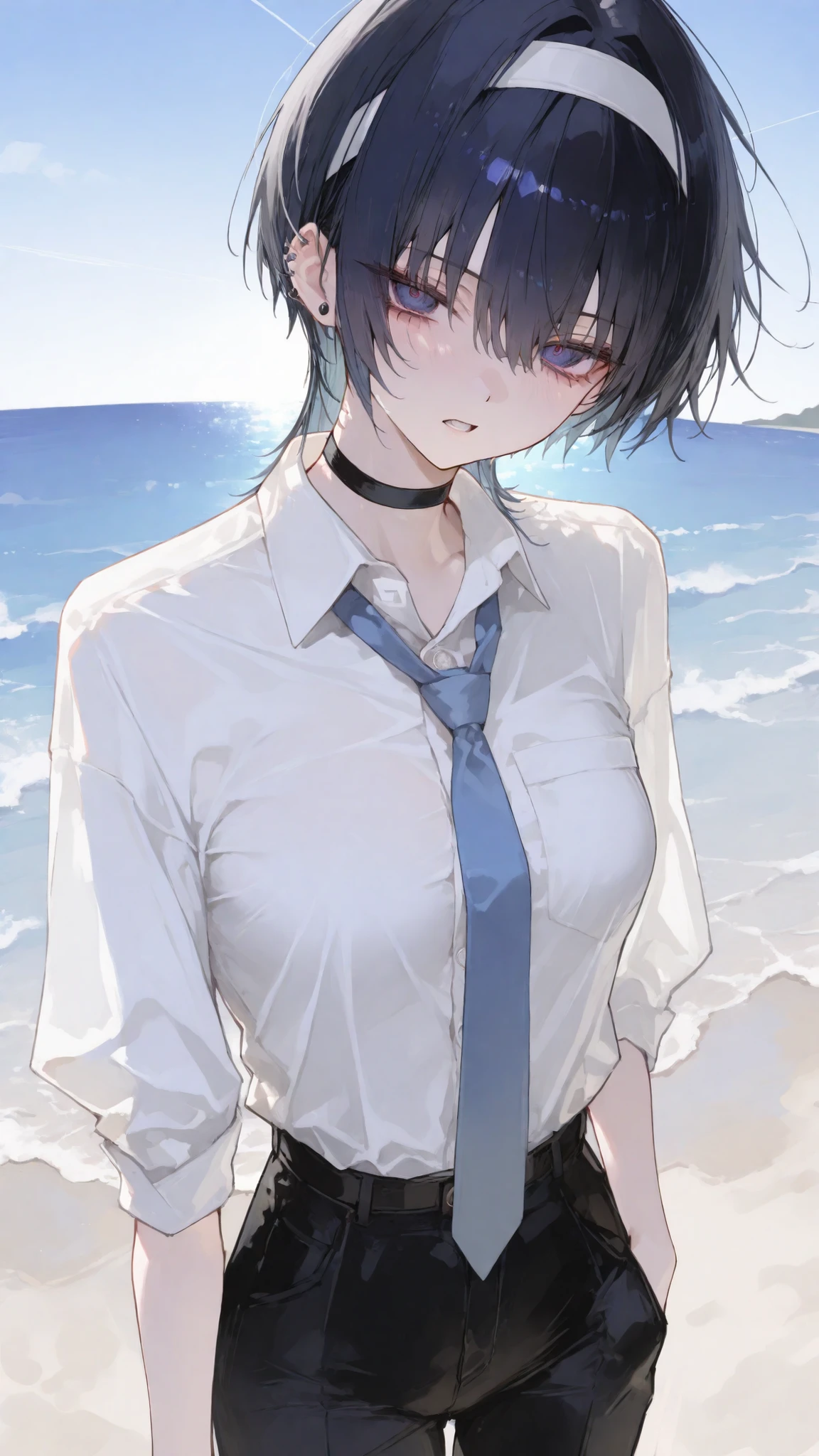 girl,Dark black hair,Dark Blue eyes,short hair,White Headband,White Office Sleeve Shirt, Blue Tie, Middle breasts, black choker,Trousers,Ear piercing,cute,Beautiful Hair Details, Mullet girl, tomboy ,Skinny,pov looking at view, shock face, beach,The wind,Trousers,Milf, Sky Light Blue,noon time,daytime,Midday sun,