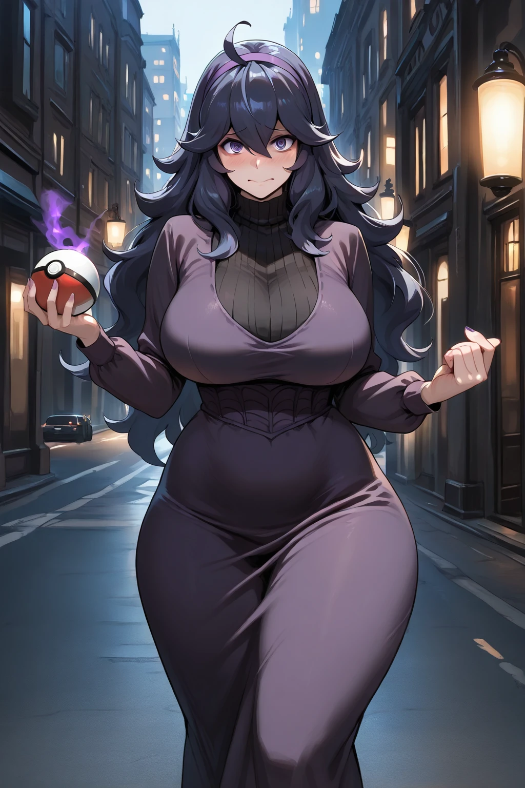 beautiful elf girl in a street at night with a starry sky, wearing a witch robe, purple hair, green eyes, wearing a higly detailed blue sweater with a  long black skirt, , gigantic , gigantic thighs, full body, hands resting on , detailed eyes, detailed face