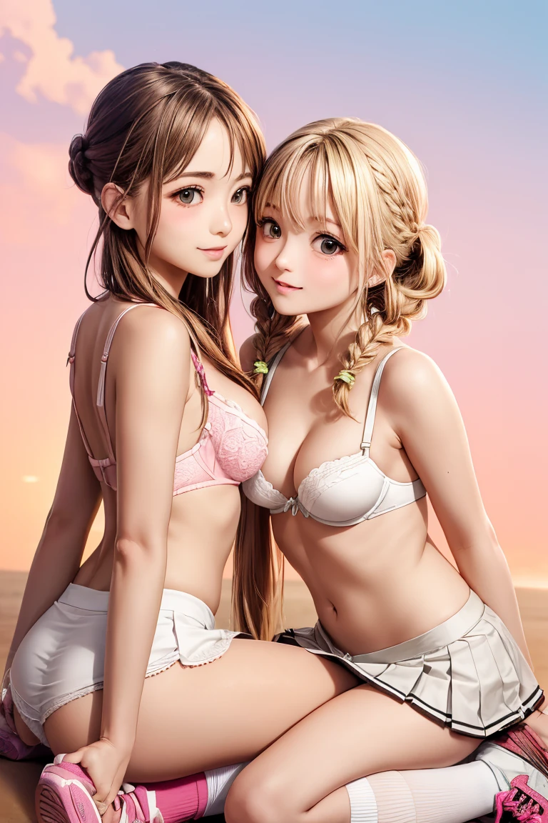 (masterpiece, best quality:1.4), (8K), Young blonde beauty, (((2 short girls in love, 18 years old, neat girl))), detailed blue eyes, long eyelashes, blush, kind smile, , upper body, short top, small , slender thin legs, , pink skirt, ((looking at viewer)), beautiful blonde hair, white-skinned, (bangs:1.3), pigtails, groping, (()), (medium size ), (mushroom forest, colorful celestial forest, beautiful and magnificent pink sunshine, majestic sky), natural light, pastel colors