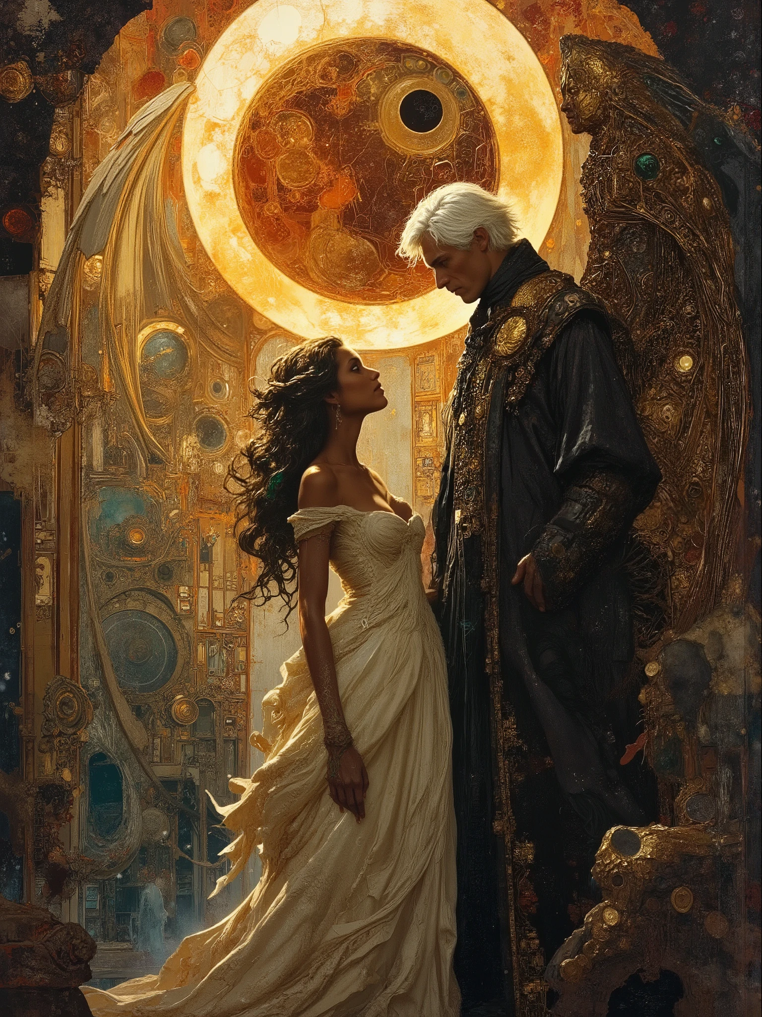 (masterpiece),(Highest quality),(Super detailed),(Ultra-high resolution) , (Best illustrations), 32k, an ancient luxurious temple,dynamic lights, shiny, glitter
Done in a balanced and vivid impressionist style symbolizing harmony of opposites ((and the search for spiritual transcendence through practicing mindfulness of self and psychological clarity, or learning philosophical reason logic and truth, as well as coming to terms with the metaphysical laws of our existence.))
A captivating portrait shows an angel and a demon in staring at each other and enraptured. On the left appearing 40, a handsome aquiline looking man with short stylish white hair and a wry expression wears a dark, fancy high-collared coat and other expensive but tasteful accoutrements. He has silver and white feathered wings and a faint glowing halo, symbolizing his angelic nature. On the right is a smiling half black woman with dimpled cheeks, with brown caramel skin and shoulder length curly brown hair with green blue highlights, wearing a roguish grin and dressed in an eclectic blend ((of street, grunge, secondhand and 1st hand designer finery and God only knows, each piece used to highlight her sensual, nature)) that somehow matches in some bizarre way. Small perky , thick thighs, long legs, raven wings, with flames rising behind her, figures are facing each other, their intense gazes creating a powerful contrast between light and darkness and a shocking truth, they long to touch one another and their look is full of love. Massive energies whirl around these 2 and an eclipse of the Sun heralds their union with a foreboding air. Done in a balanced and vivid impressionist style symbolizing harmony of opposites ((and the search for spiritual transcendence through practicing mindfulness of self and psychological clarity, or learning philosophical reason logic and truth, as well as coming to terms with the metaphysical laws of our existence, to reach the true source.