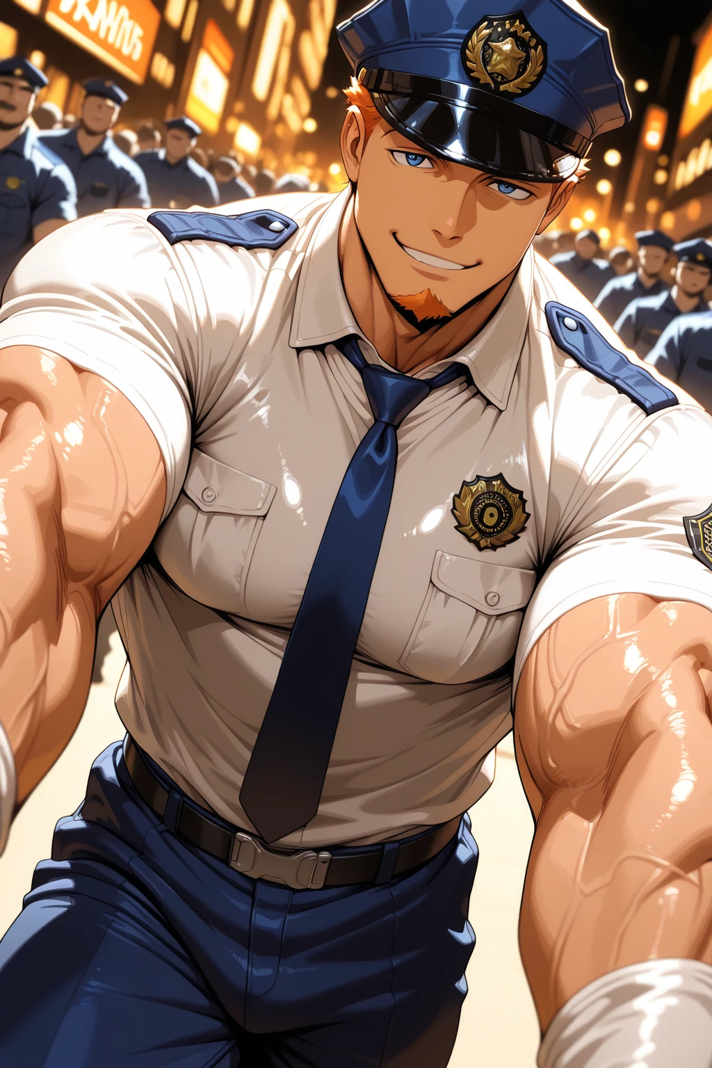 1 man,(Skinheads hairstyles) ,black eye,(Wear a fitted jacket  navy with a police badge.:1.3),(fit neck),Navy blue jeans,(black_gloves), Korean guy,chest muscles,large arm muscles,blood vessel,Big muscles,Broad shoulders, smile, middle of the road,(In the desert:1.2),(full_shot:1.6),(ร้านขนมปัง:1.2),