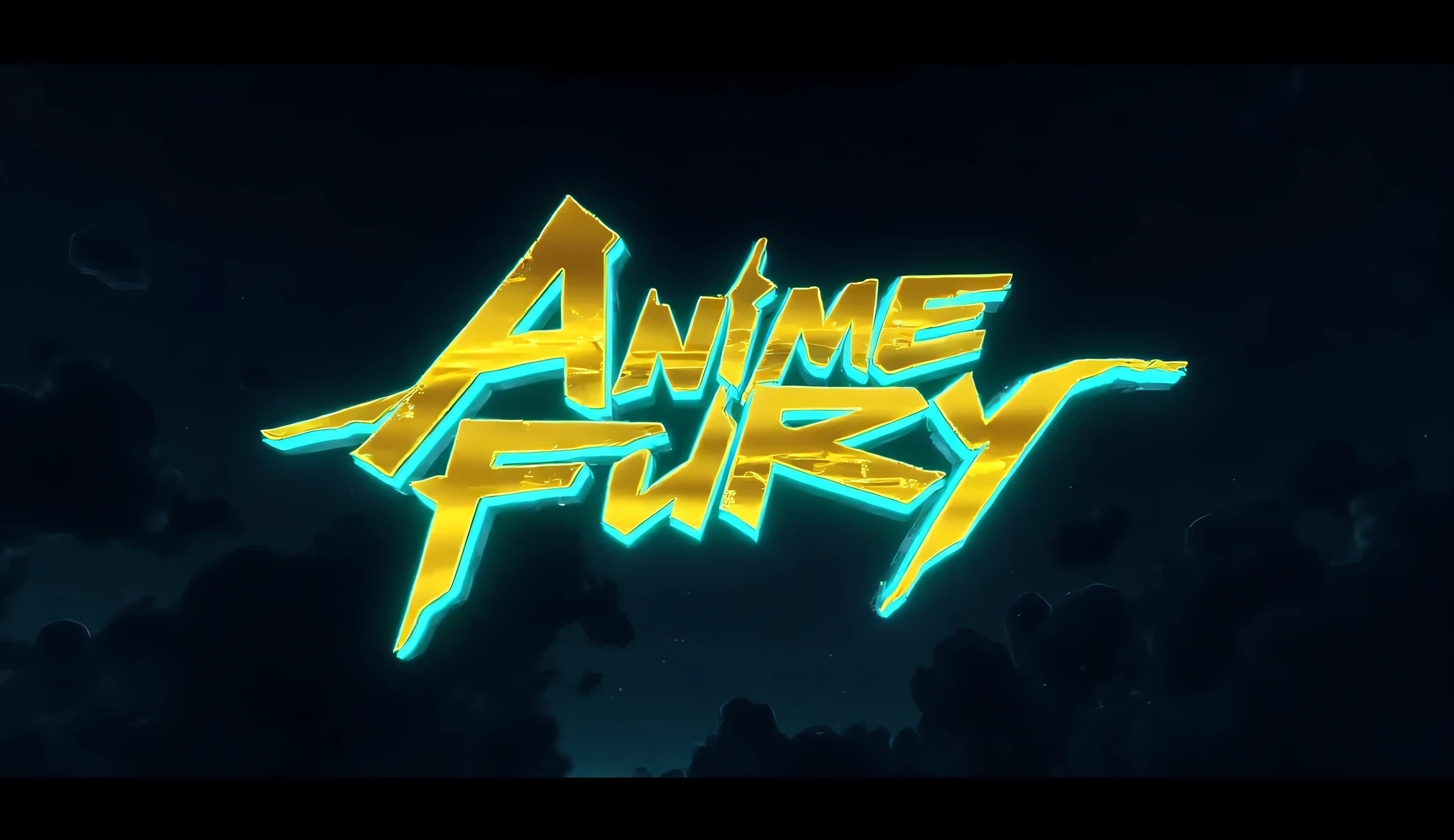 Cyberpunk typeface golden text "Amine Fury" with cyan afterglow, A dark night sky in the background