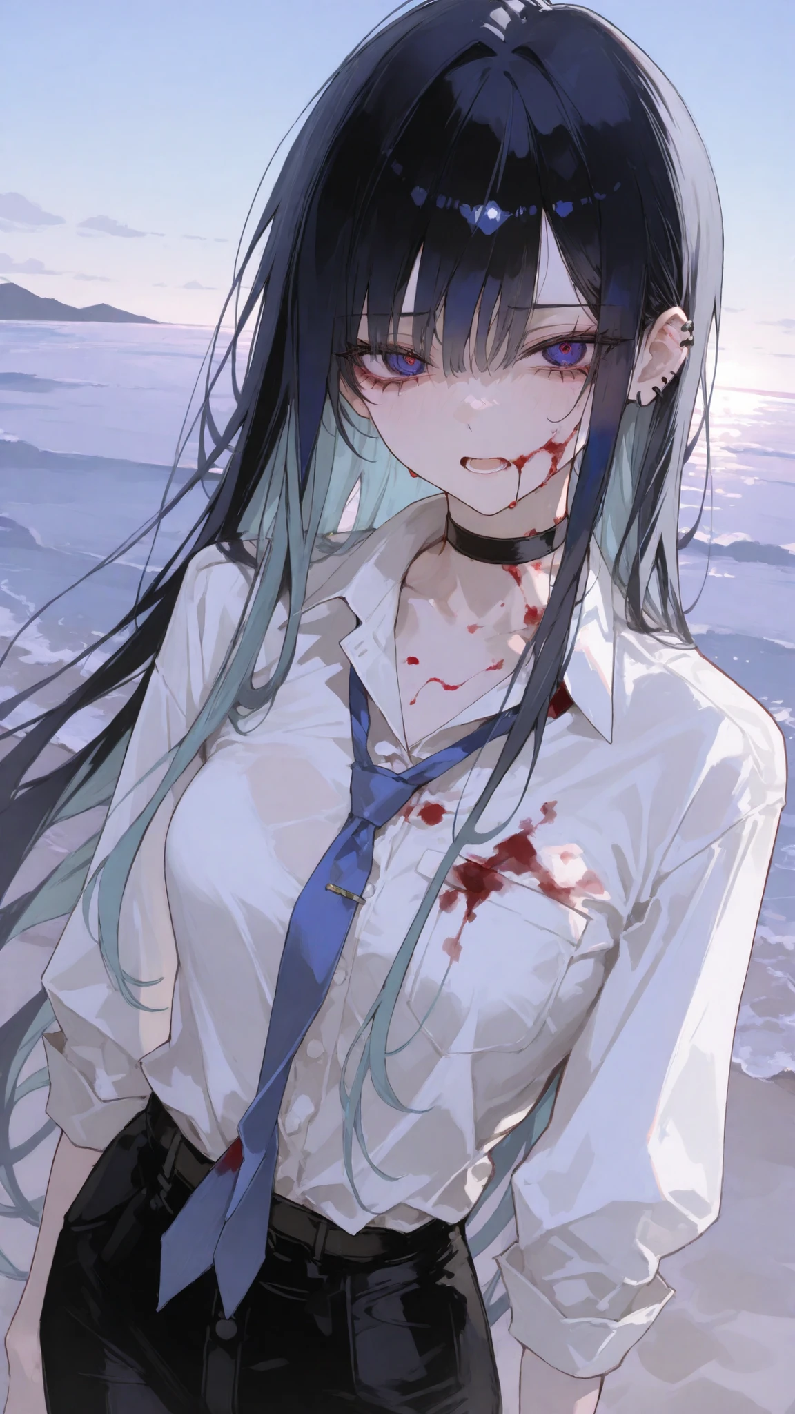girl,Dark black hair,Dark Blue eyes,Long hair spread,very long hair,White Office Sleeve Shirt, Blue Tie, Middle breasts, black choker,Trousers,Ear piercing,cute,Beautiful Hair Details, Mullet girl ,Skinny,pov looking at view, shock face, beach,The wind,Milf, Sky Light Blue,noon time,daytime,Midday sun, Gyaru,Facial hair, Shock face,Terrified,Blood Shoulder Blouse,Blood stained shirt