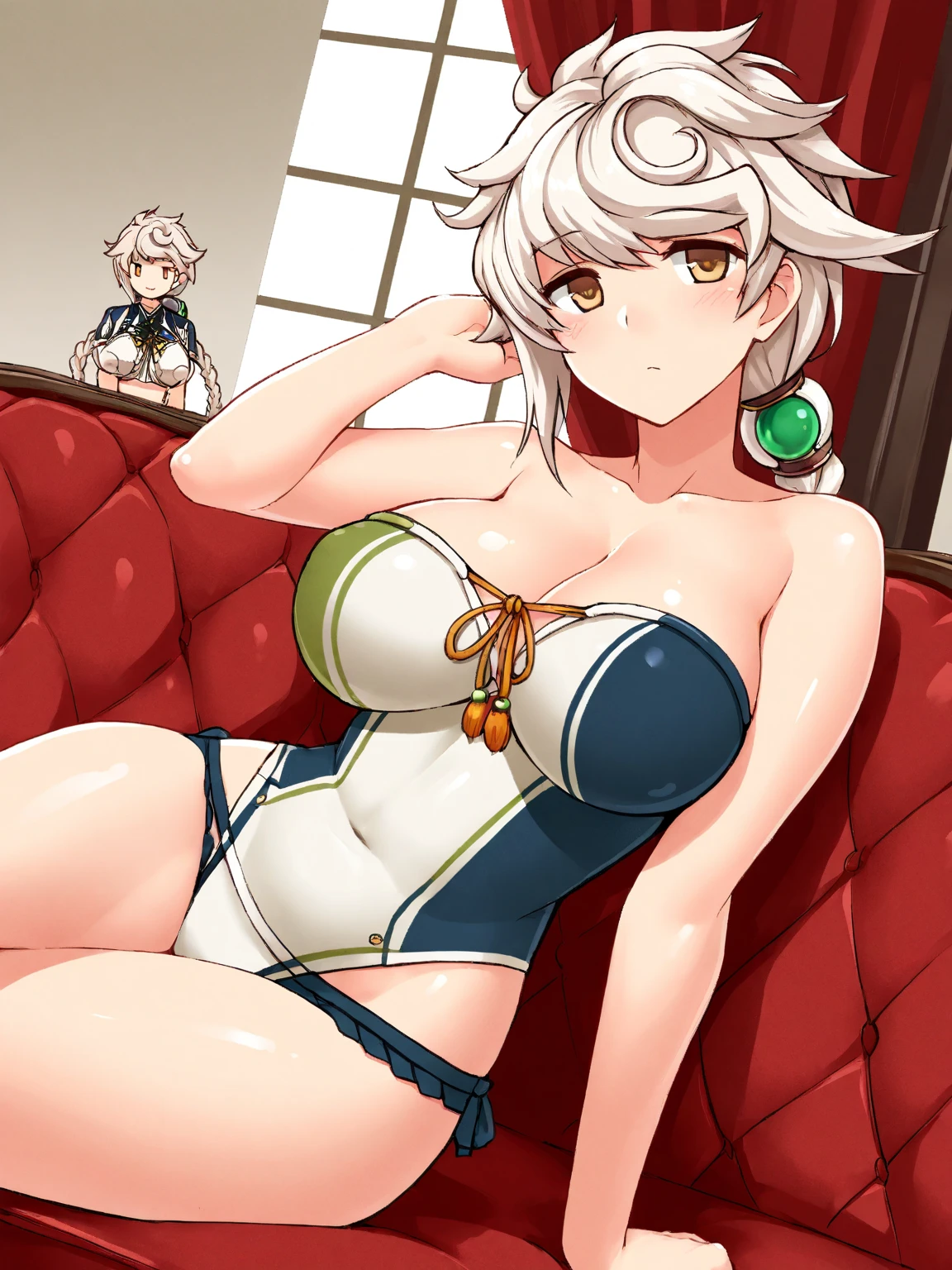 　3 girls High level image quality　best image quality　8K　 adult woman    pool party  rain　palm trees  more colors   whole body view　portrait　mix color ??????   　horn    ears  　short hair（（shortcut）（gray hair）（perm）（fluffy））　eye color is blue ,  , 　attractive evil face , smile   ,  ???? pose   ,  labrynth ,  barearm     , sittings  by the pool , crossed legs  , all wet , view foot arc , view slippers dangling 