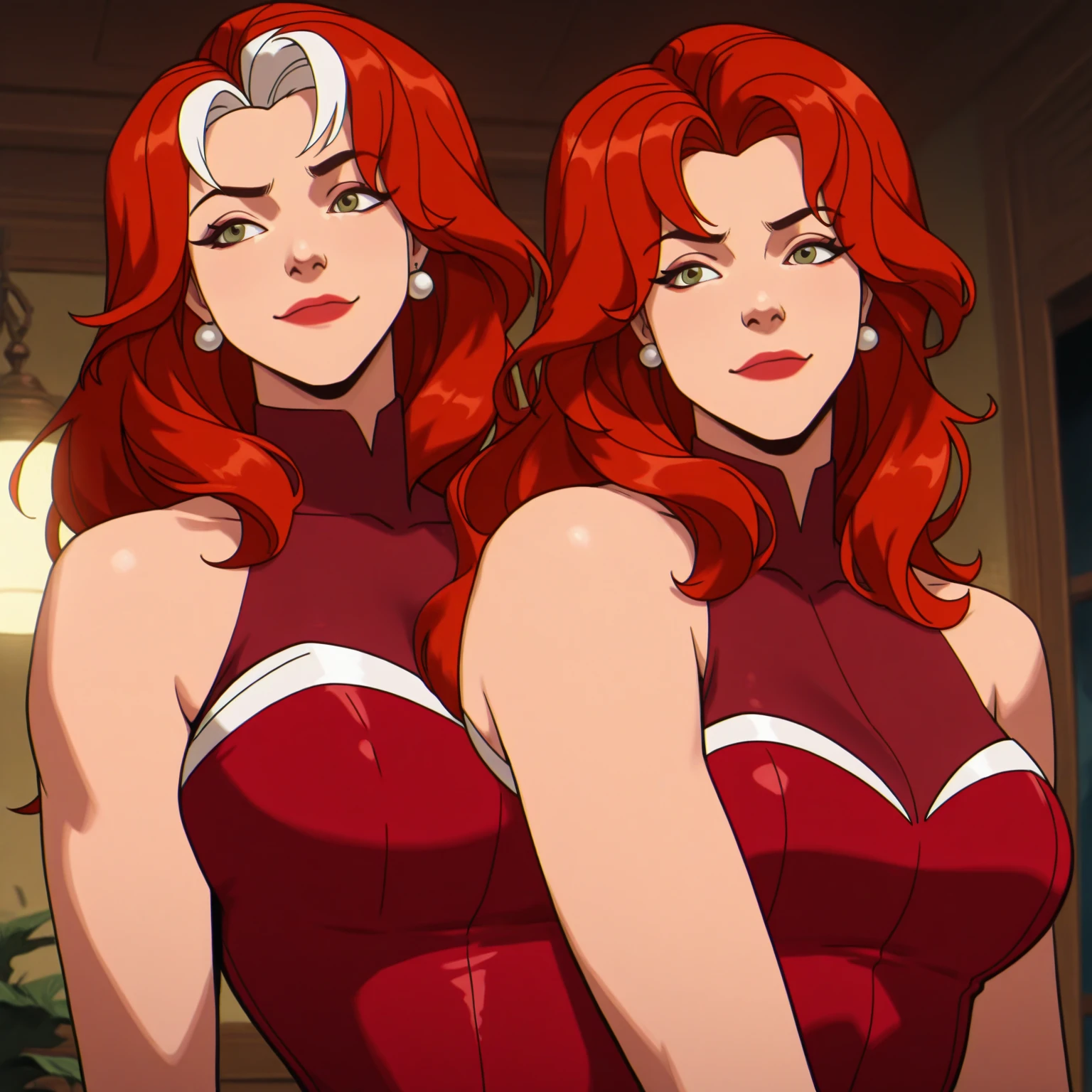 JessicaWaifu, Massive , elbow gloves, green eyes), Massive and Deep cleavage, red lips, (strapless dress) (red hair) (red dress), ((She has a mature figure, her cleavage is Massive and Deep)) b