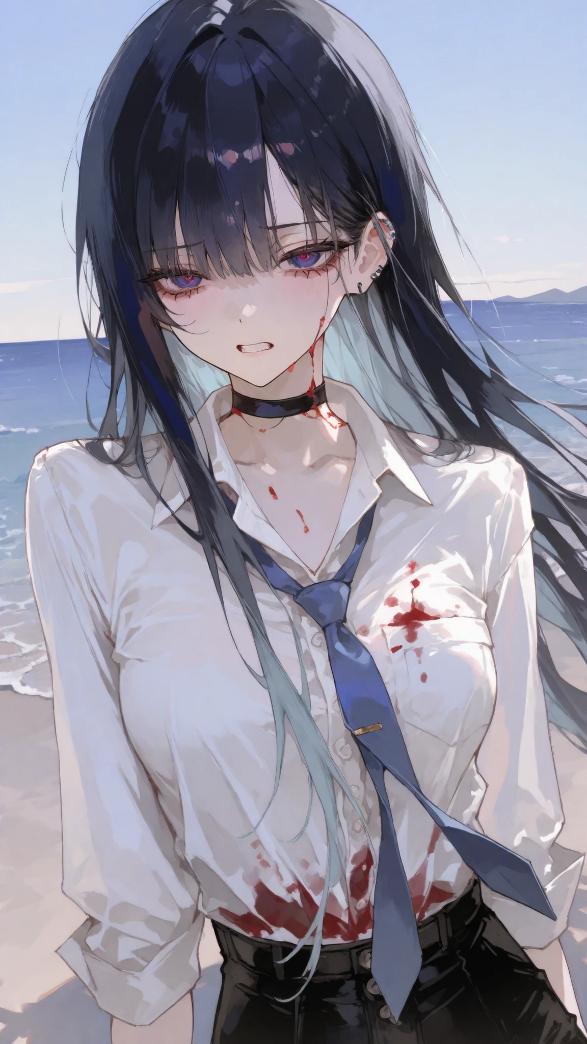 girl,Dark black hair,Dark Blue eyes,Long hair spread,very long hair,White Office Sleeve Shirt, Blue Tie, Middle breasts, black choker,Trousers,Ear piercing,cute,Beautiful Hair Details, Mullet girl ,Skinny,pov looking at view, shock face, beach,The wind,Milf, Sky Light Blue,noon time,daytime,Midday sun, Gyaru,Facial hair, Shock face,Terrified,Blood Shoulder Blouse,Blood stained shirt,Upper Body Shape,On the floor,The wind,windy