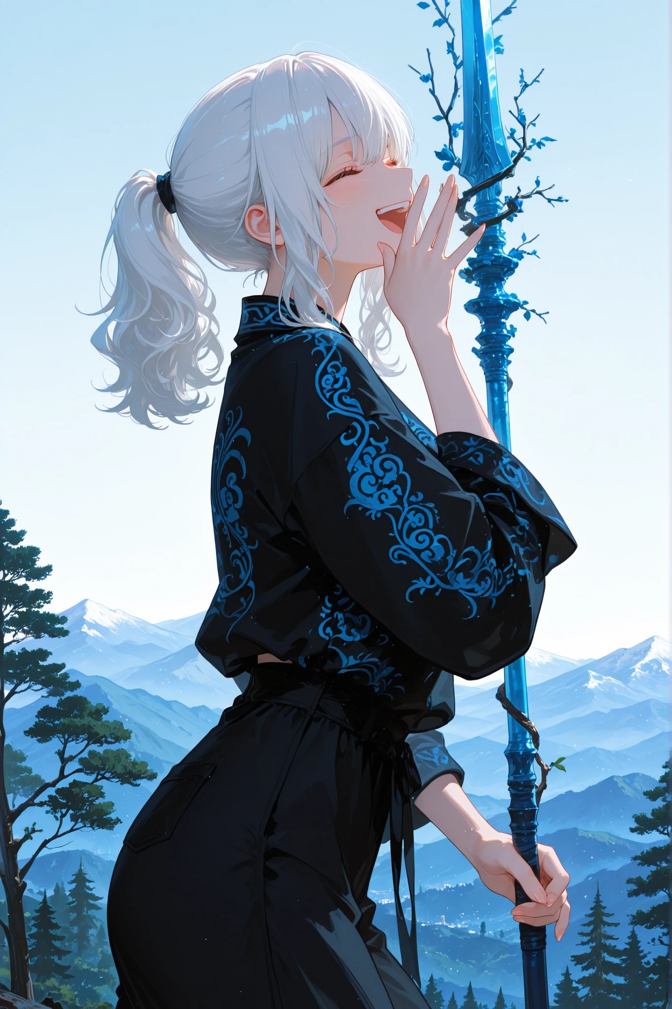 748cmstyle, 1girl, ultrahd, best quality, highres, 8k, 4k, ultrahd, martial pants, Chinese shirt, white hair, wavy hair, medium hair, ponytail, light-hearted, mountainside, clear sky, picturesque looking at viewer, black shirt, black pants, tree branch, holding polearm, holding spear, ornate spear, large spear, sideview, closed eyes, chuckle, covering mouth, laughing, earnest, happy, blue patterns