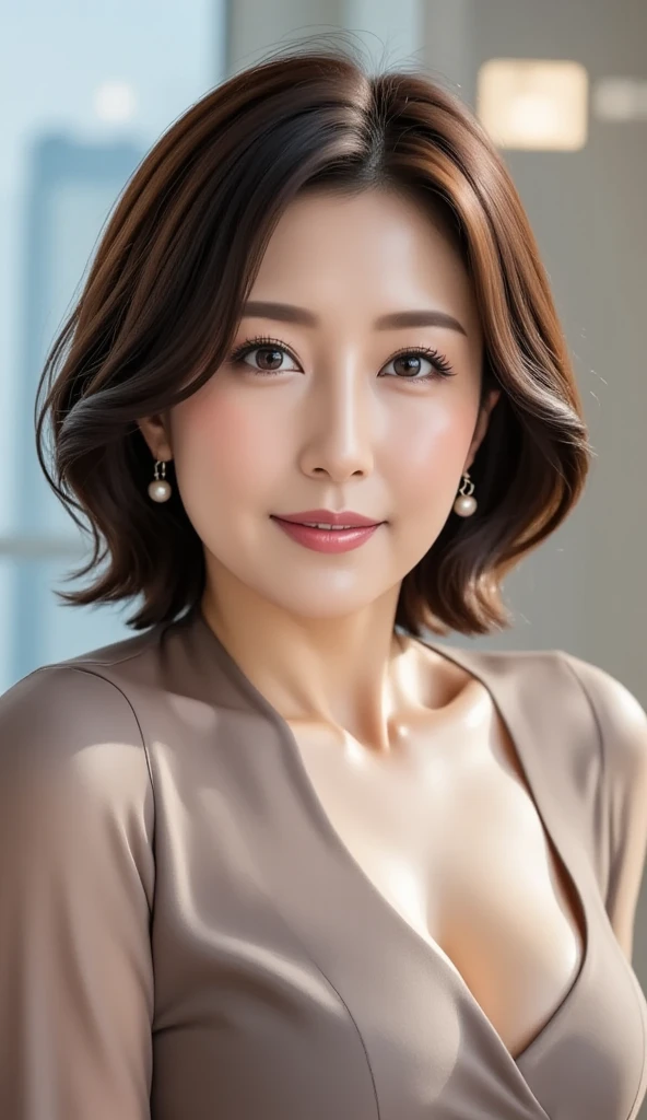 (RAW Photos), (Photorealistic), (masterpiece), (highest quality), High resolution, 8k, (Intricate details), (Volumetric light), Portraiture, woman, Age 35, Medium Hair, Medium , Accentuate your cleavage, Layered Hair, Brown Hair, Very beautiful eyes, Source order, Very thin eyebrows, Very fine skin, Very nice mouthfeel, Very nice nose, Cute like an idol, Smile, (Thick lips), (Looking at the audience), (Elegant blouse), Above the knee shot, ((Random body orientation)),