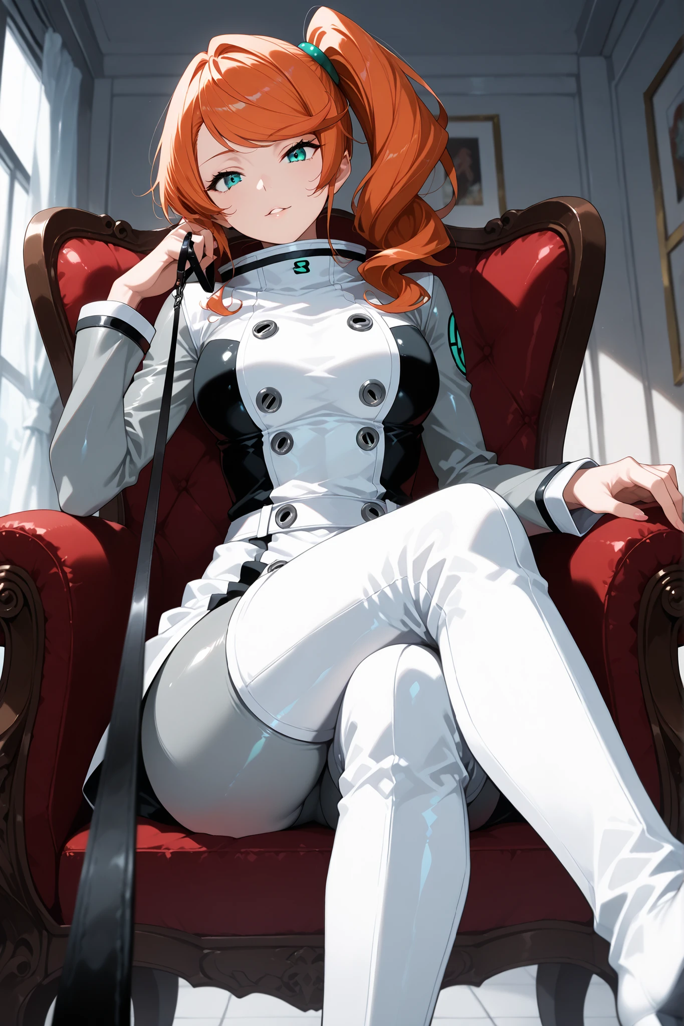 alone, solo, pokemonsonia, aqua eyes, long hair, long sleeves, orange hair, side ponytail, swept bangs, score_9, score_8_up, score_7_up, score_6_up, source_anime, anime, masterpiece, best quality, black and white dress, two-tone dress, grey bodysuit, bodysuit under clothes, grey pants, white boots, white thigh boots, femdom, seductive, evil, inside, viewer_on_leash, viewer on leash, pov at boots, sitting, crossed legs