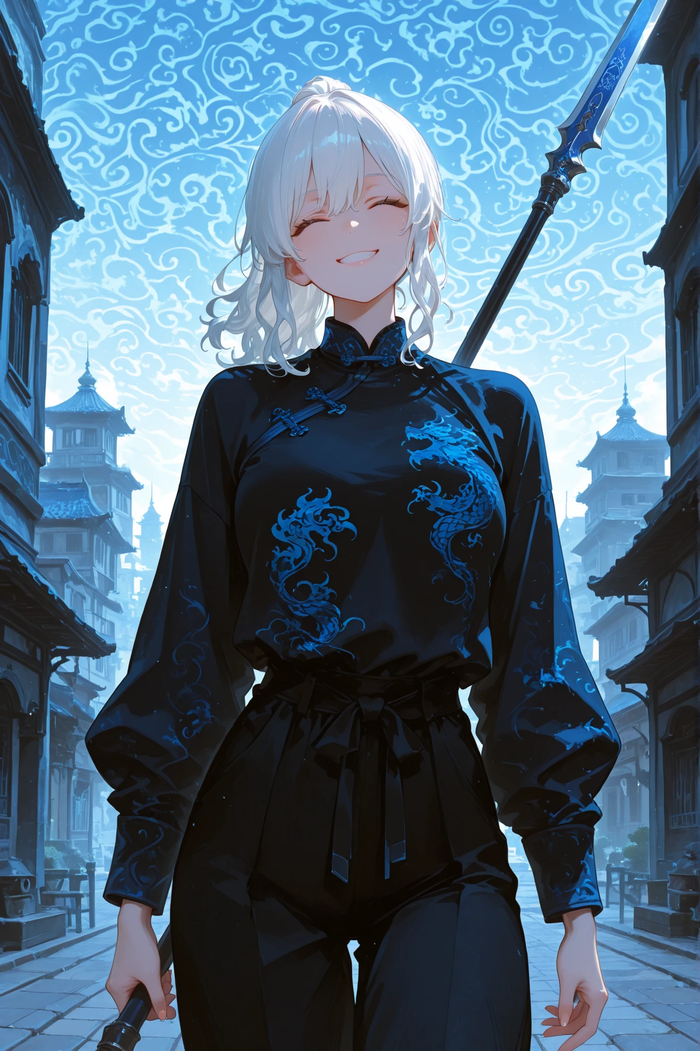 748cmstyle, 1girl, ultrahd, best quality, highres, 8k, 4k, ultrahd, martial pants, Chinese shirt, white hair, wavy hair, medium hair, ponytail, light-hearted, looking at viewer, black shirt, black pants, holding polearm, holding spear, ornate spear, large spear, closed eyes, earnest, happy, blue patterns, frontview, teasing smile, city, medieval Chinese city