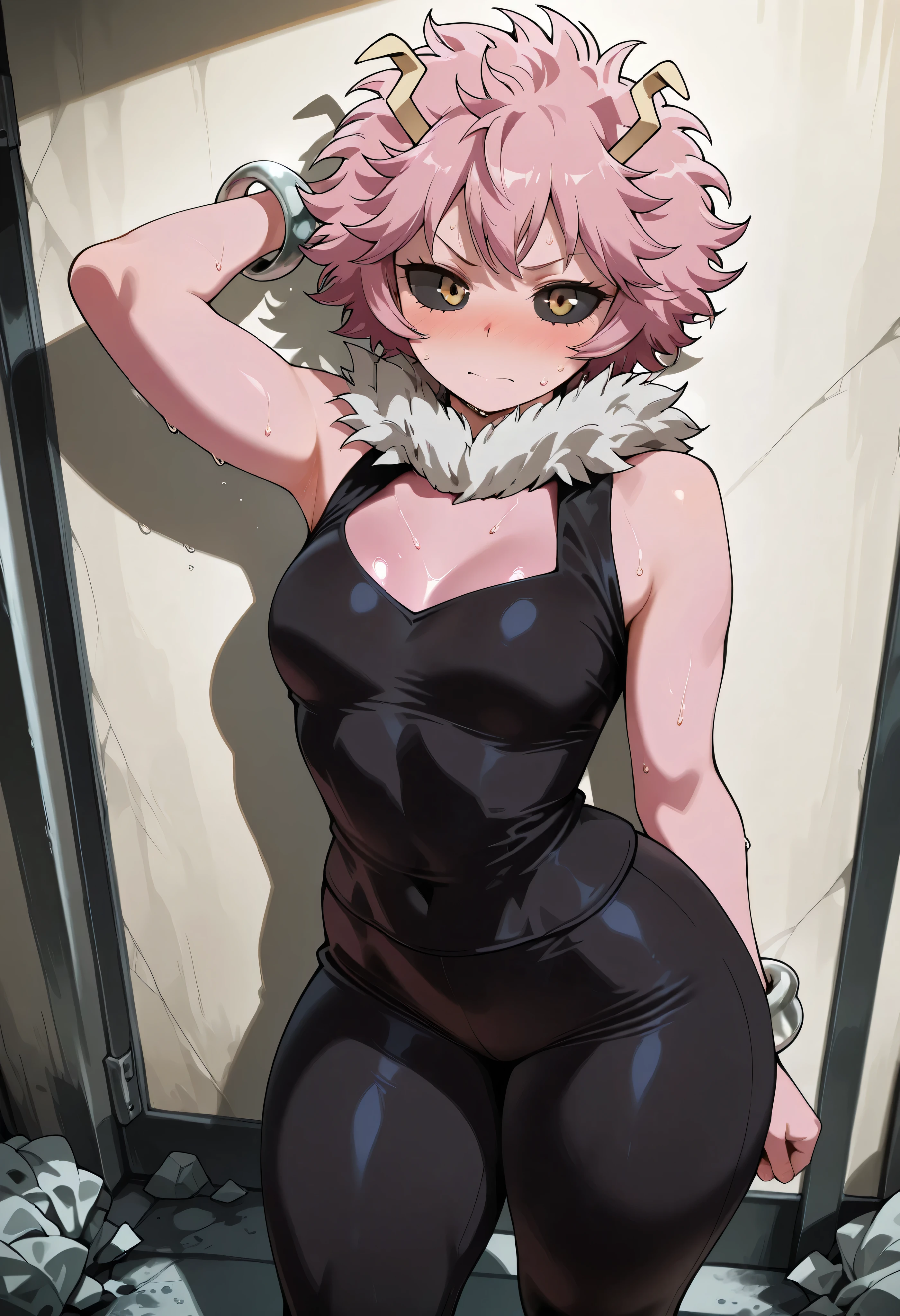 score_9, score_8_up, score_7_up, score_6_up, score_5_up, score_4_up, masterpiece, high quality, BREAK, 1girl, sfw, looking at viewer, nose blush, shiny legs, shiny body, shiny hair, clear skin, clear body, sweat, sweaty, sweaty:1.3, thick thigh, thick thighs, short hair,pink hair,pink skin,yellow horns,black sclera,yellow eyes, mina ashido, and purple-dyed tips, wearing a high-neck, sleeveless black top and tight black pants. She has layered silver chains around her neck and an intricate hand accessory: a silver bracelet connected to multiple rings with thin chains. She strikes a bold pose with one arm raised behind her head and the other extended sideways, fingers elegantly spread, standing, nice legs,