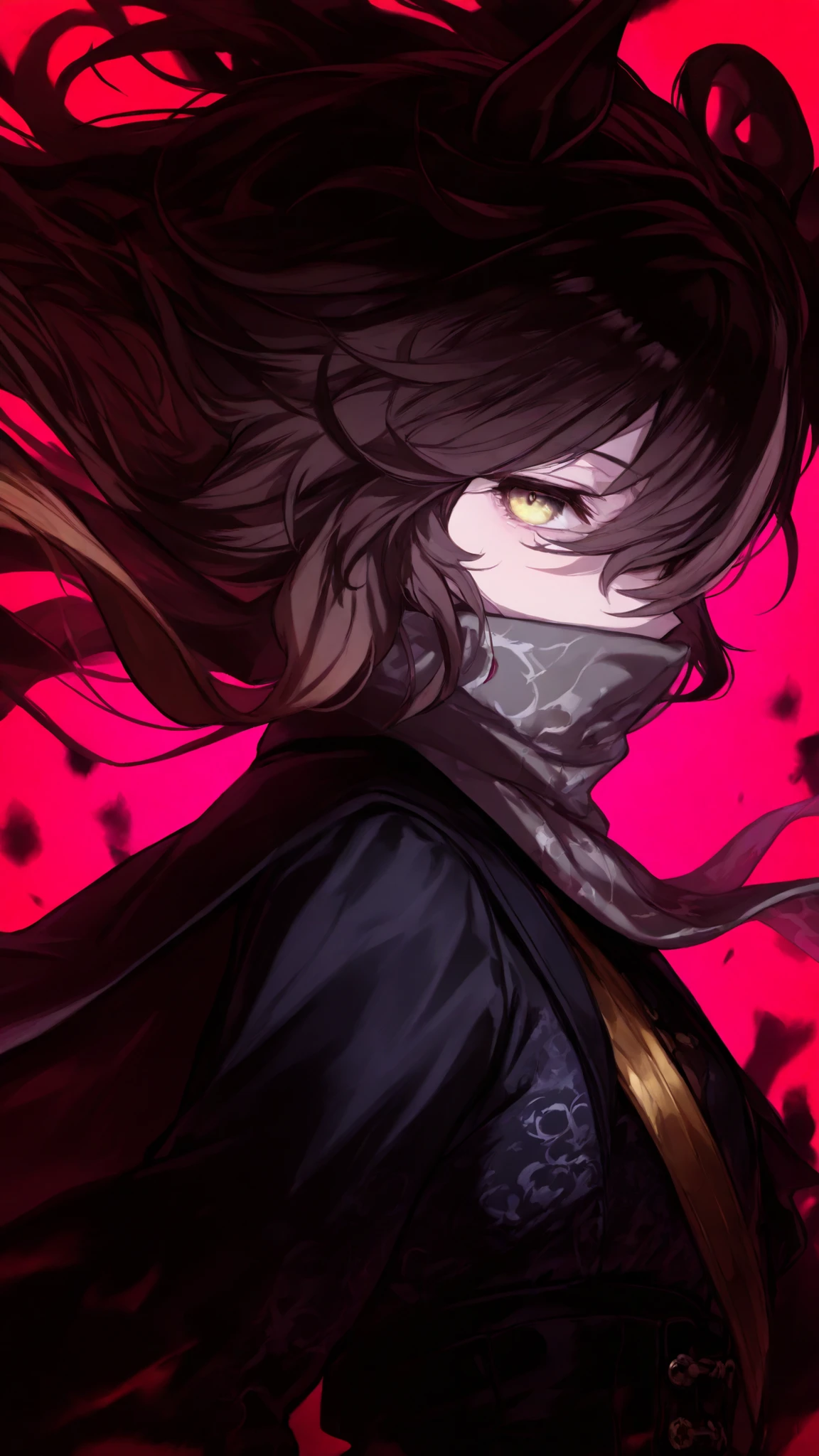 ltfashion,748cmstyle,(umamusume, dreamjourney:1.3),(looking at viewer, side shot:0.72), warrior, (face shot:1.1), (1girl:0.35), solo, masterpiece, best quality, amazing quality, very aesthetic, high resolution, ultra-detailed, golden eyes, multicoloured hair, two tone hair, glaive, dynamic pose, murderous expression, umamusume, Aston Macchan, gradient hair, gradient, messy hair, hair in front of eyes, chinese clothes, loose clothes, royal guard, cape, gothic lolita military clothes, gothic clothes, corset, YiSangHeishou, long hair,  grey print scarf, , black robe,