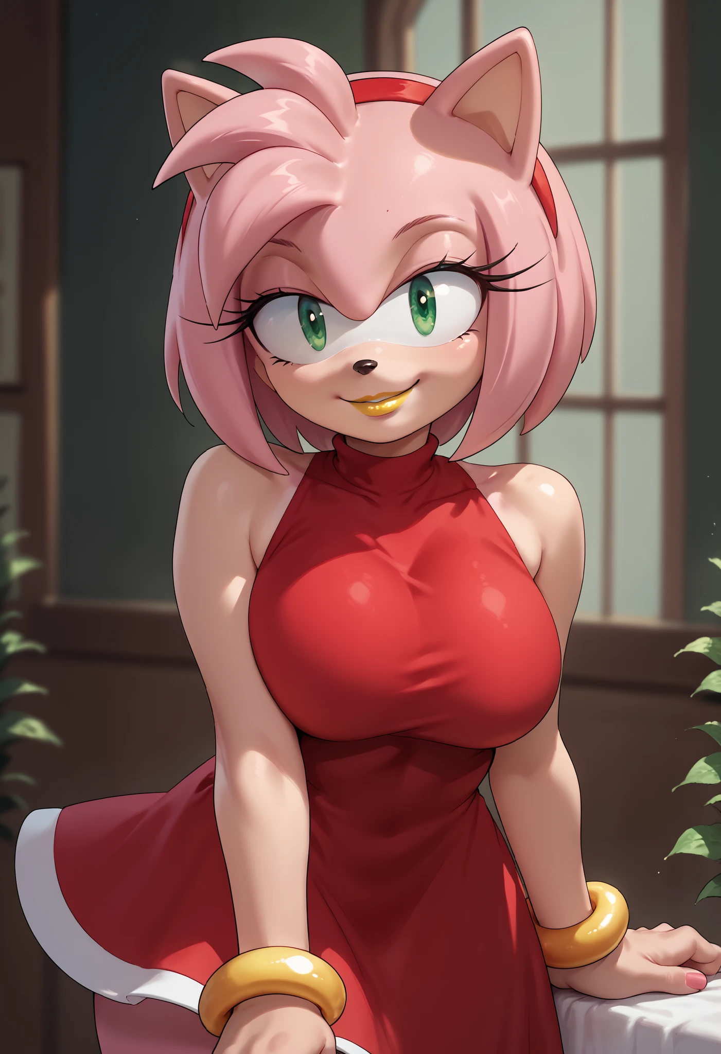 Female furry, green eyes, pink hair, big breasts, red dress, anime style, yellow lipstick, Amy Rose, sensual smile 