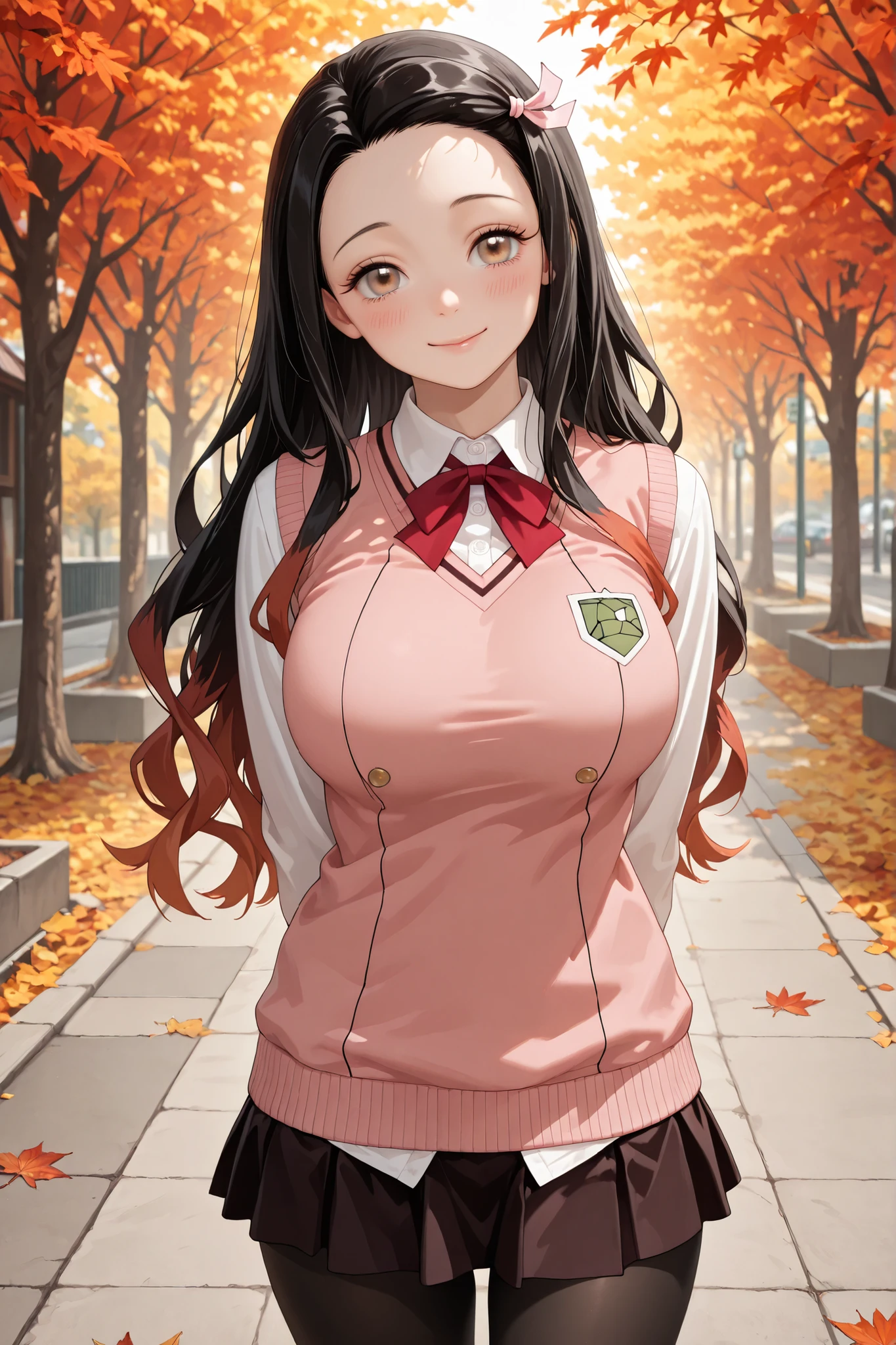 1girl, standing, arms behind back, tilt head, cowboy shot,
BREAK girl , 18yo, ,r, (, (I love:1.2), detailed cute brown eyes, curled eyelashes, (large breasts:0.8),
beautiful eyes, beautiful face,
sweater vest, black mini skirt, black pantyhose,
blush,  smile,
outdoors, street, autumn,
masterpiece, best quality, amazing quality, very aesthetic, absurdres, newest, realistic, Highres, , hyper-detailed, super detailed, extremely detailed, sfw, general,nezuko kamado,long hair 