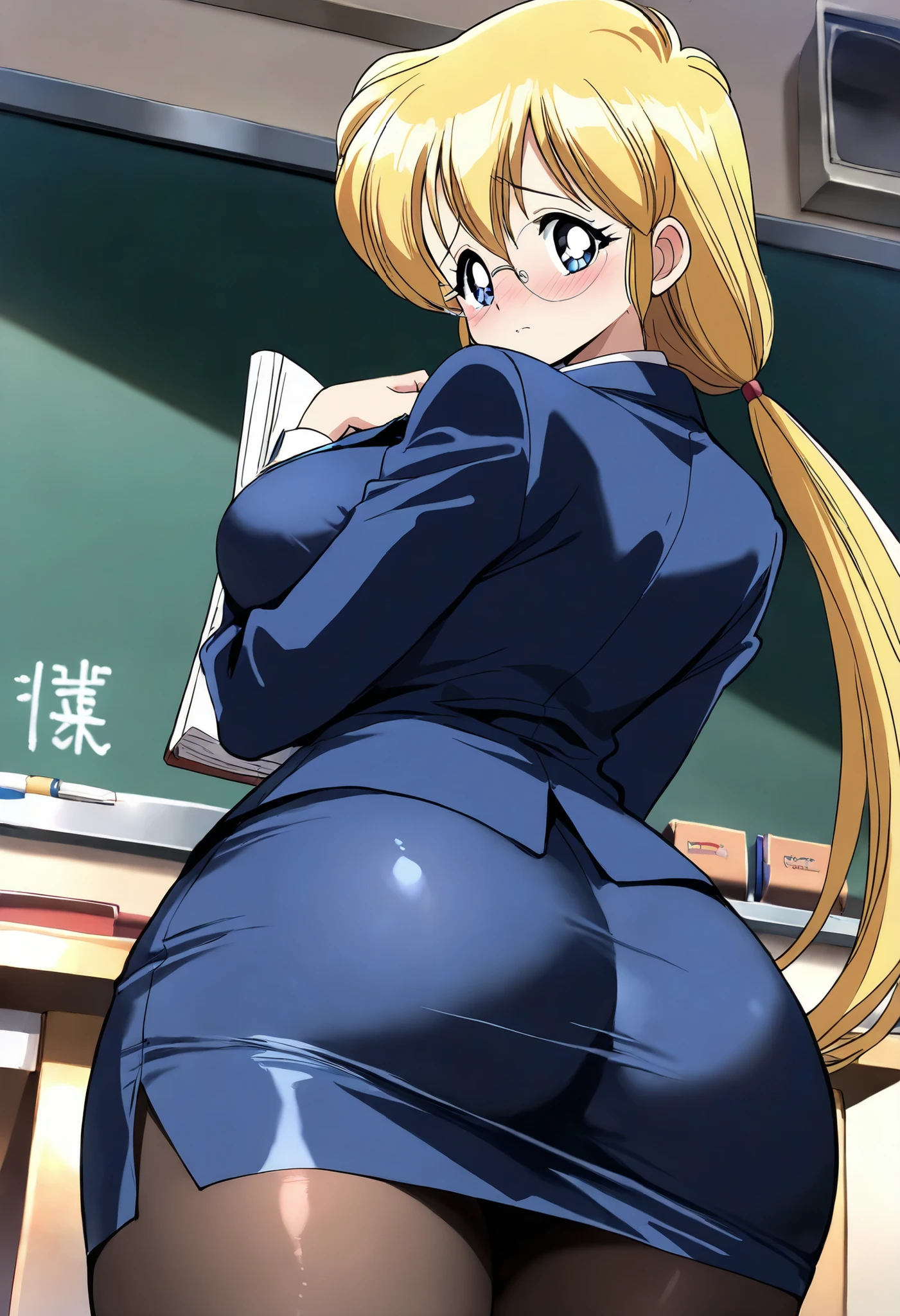  (masterpiece,Best Quality:1.4),,,Beautiful Shadows, ,(Official Art),BREAK, (1girl,solo,teacher, runa sensei, yellow long low ponytail).glasses,(blue suit,bowtie,white collared ,pencil skirt,pantyhose,BREAK,(standing front of blackboard in the classroom,),BREAK, (erpiece, top quality, good quality, nsfw,BREAK,(embarrassed:1.2),blush,,in heat,(aroused:1.5),, ,,POV,below view,from behind,looking at viewer,(cowboy shot:1.2), (butt close-up:1.1),hand on chest,holding book,teaching,BREAK,worried,night,