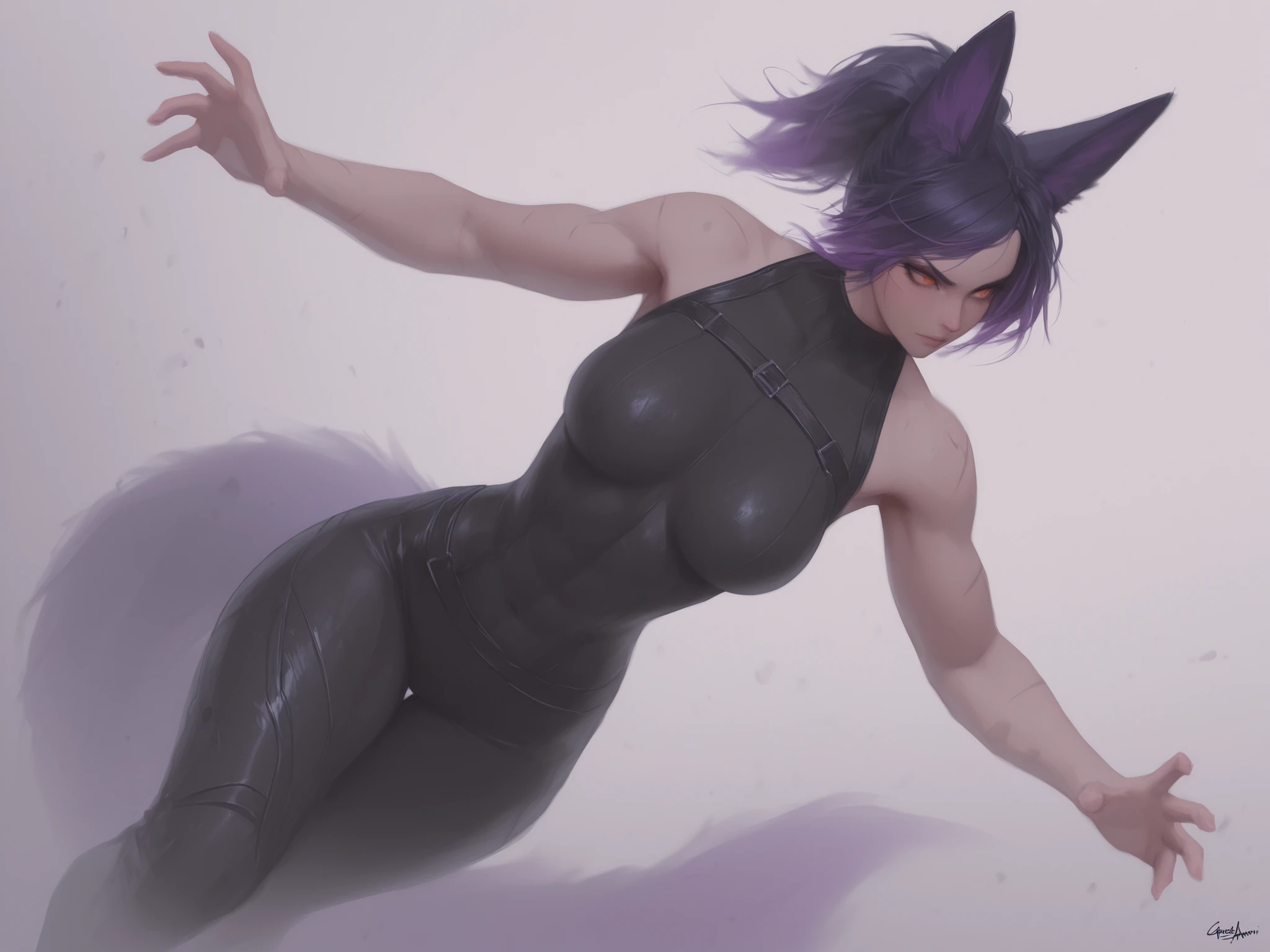 best quality, masterpiece, 1girl, gorgeous kitsune girl, beautiful face, kitsune, purple color hair, hunter girl, orange eyes, slit pupils, detailed eyes, personalami style, volputrous body, covered breasts, curvy and athletic, kitsune ears, hair tied in a ponytail, lean muscles, black bodysuit, pants, leather armor, bare arms and neck, scars on arms, light abs, calm, lean but muscular arms and legs, athletic body, kitsune ears, dominant expression, masterpiece, ultra definition, simple white background, fantasy character, detailed face, mystical atmosphere, dynamic combat pose, clear background, lifeless colors, dirty filter, dark, rough sketch lineart, loose lineart, watercolor coloring, masterpiece, ultra detailed, 4k, 8k, ultra hd, best
