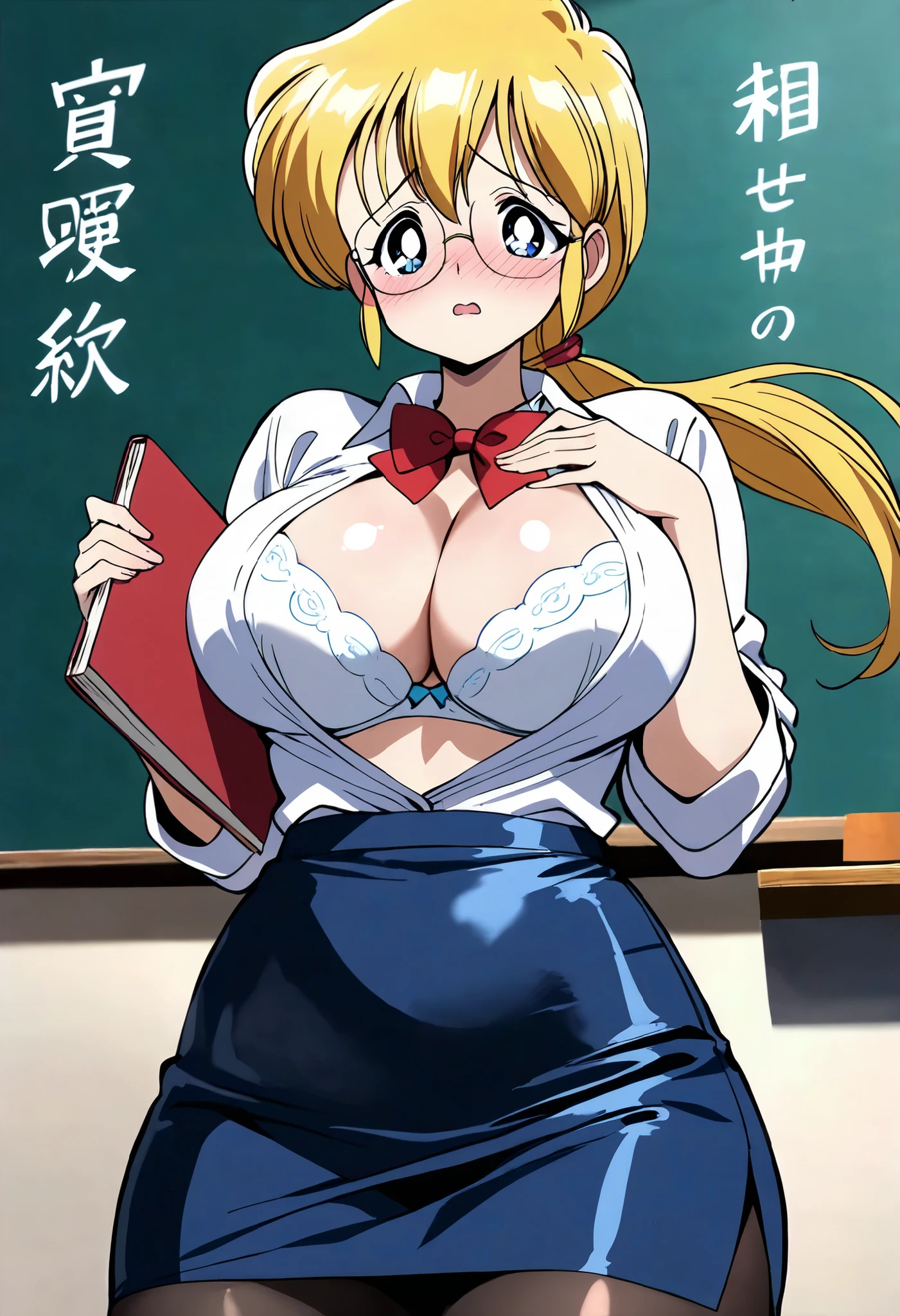  (masterpiece,Best Quality:1.4),,,Beautiful Shadows, ,(Official Art),BREAK, (1girl,solo,teacher, runa sensei, yellow long low ponytail).glasses,(bowtie,white collared ,open shirt,white bra,cleavage,pencil skirt,pantyhose),BREAK,(standing front of blackboard in the classroom,),BREAK, (erpiece, top quality, good quality, nsfw,BREAK,(embarrassed:1.2),blush,,in heat,(aroused:1.5),, ,BREAK,POV,below view,from front,looking at viewer,(cowboy shot:1.2), (face close-up:1.1),hand on chest,holding book,teaching,BREAK,worried,night,