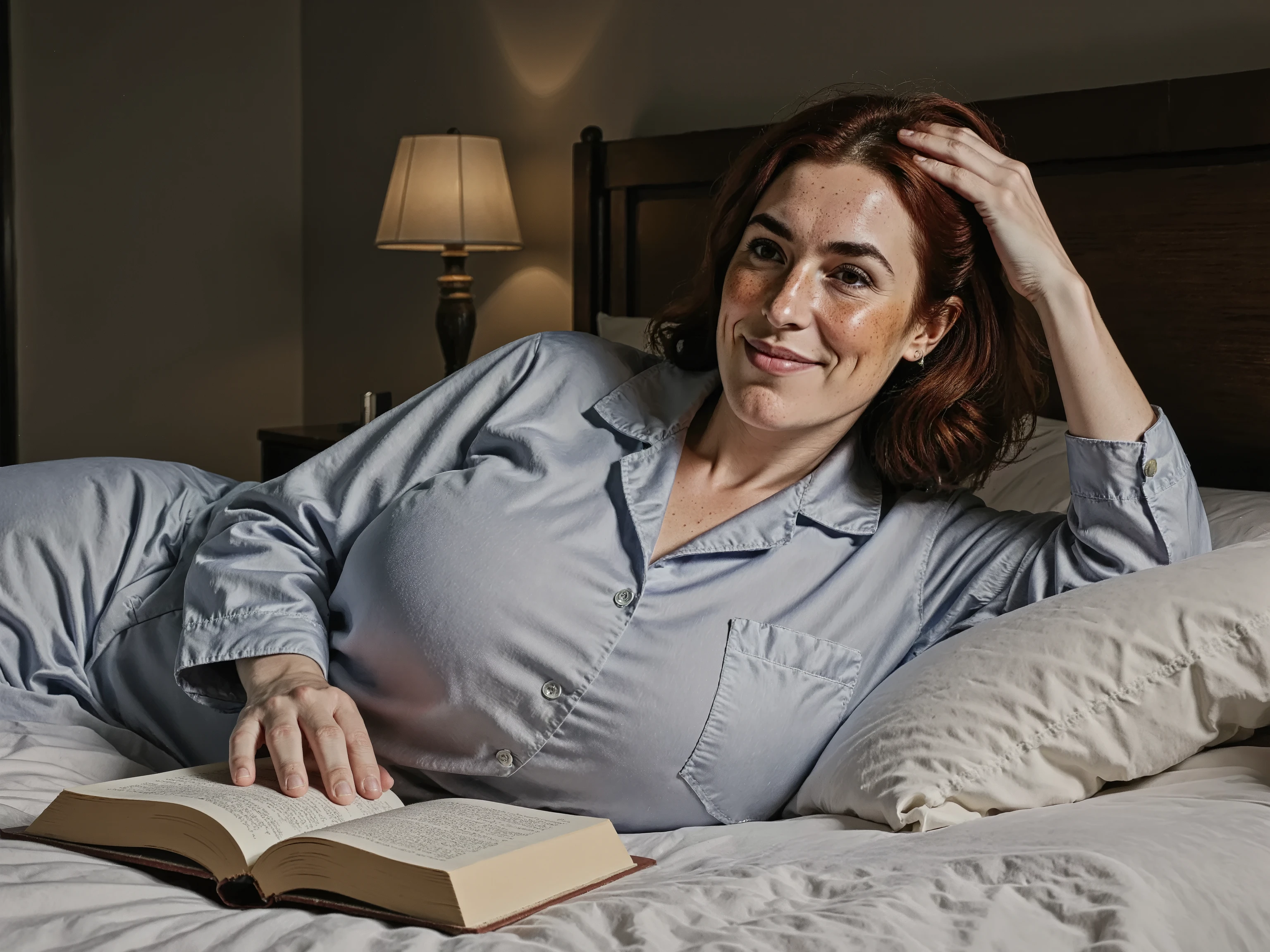 Sideview picture of Margaret wearing pajamas and reading a book in bed. she is laying on her side with her arm holding her head up. book is on the bed next to her. midnight, dark. Slight smile as she looks in the camera. photorealistic, highly detailed. large breasts and voluptuous figure. soft breasts.