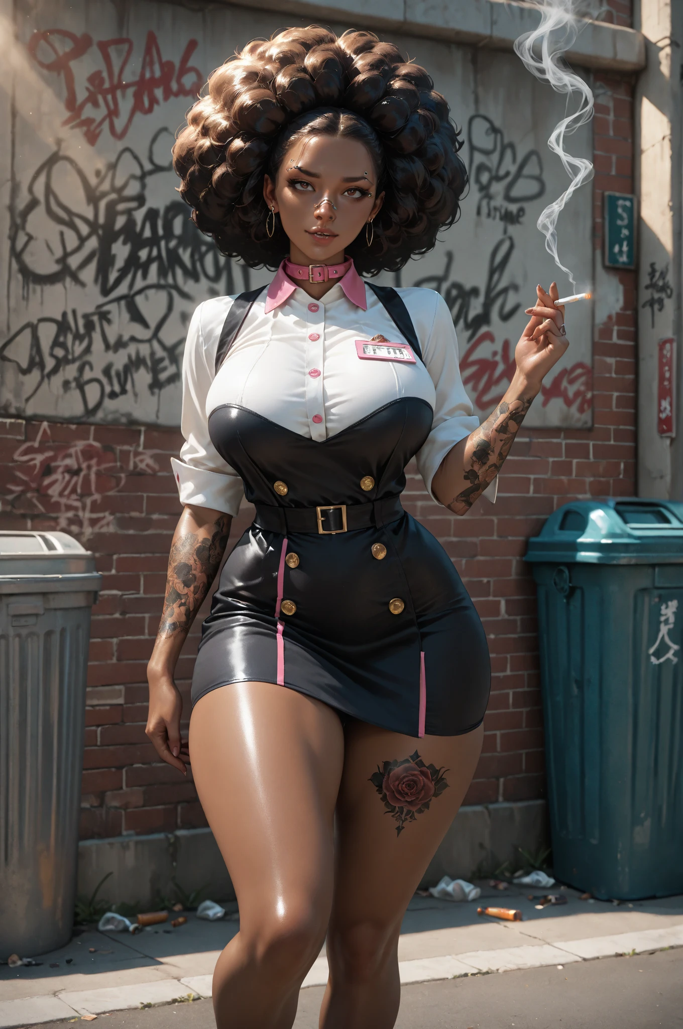  A girl with shine, cabelos coloridos vibrantes, wearing a bold, printed dress, surrounded by bold, comic book-style speech bubbles, graphic patterns. The background features a cityscape with skyscrapers and neon lights. The girl is making a confident pose with her hands on her hips, and she has expressive, exaggerated eyes and a wide smile. The art is created in a bold pop art style, with strong contours, swirly vibrant colors, and a retro comic book aesthetic. The image is of the best quality, With ultra-detailed features and vivid colors. The lighting is bright and emphasizes the strong colors and graphic elements of the artwork. (Black-skinned woman Beautiful brunette with a perfect body, beautiful, big, perfect breasts, wide, thin thighs, perfect, everything perfect,) ((Art Style Full Length View, full-featured))characteristics (Purple and black straight hair style, wavy, prisoner, Loose) ( Clothing Style ) ( glasses Tattoo style Full Body) .8K uhd, high qualiy, volumetric light, photoshot, high resolution, 4K, 8K
