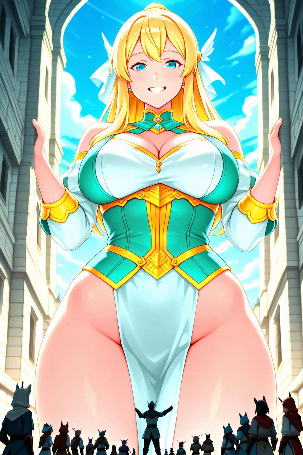 1girl, blonde hair, white hairband, blue eyes, golden armor, (( breasts)), (( )), (from below), ((looking down)), ((embarrassed)), (angry), (blue skirt)