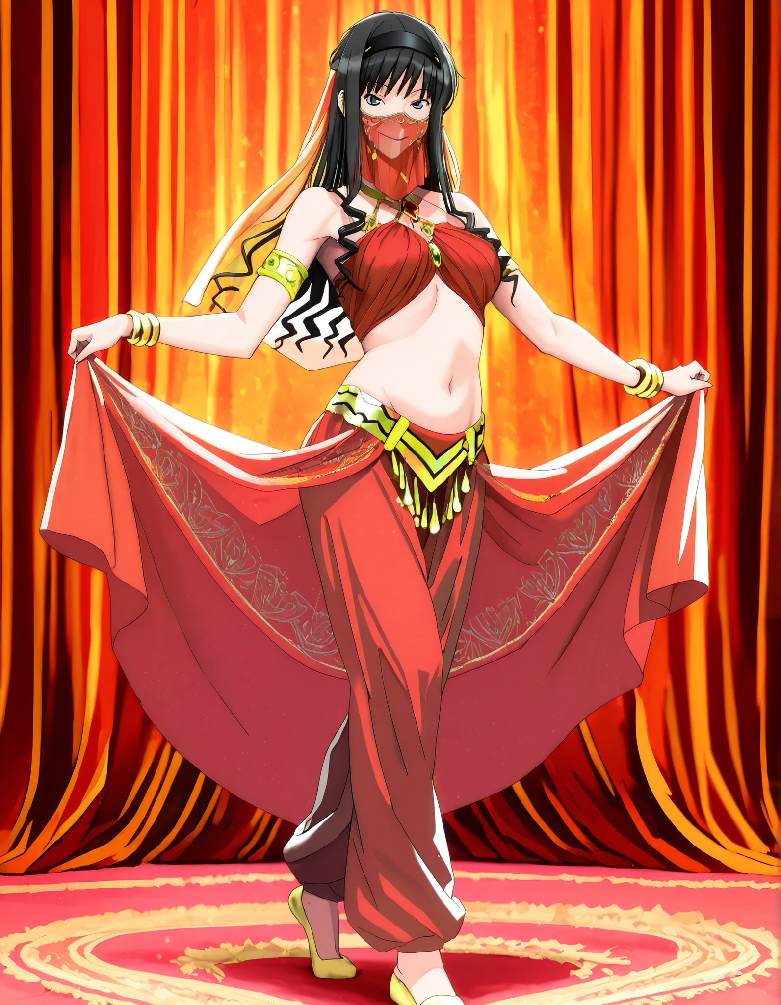 (1girl:1 . 5) , (Seul:1 . 5) , score_9 , score_8_haut , score_7_haut , source_anime , Official work , ultra-detailed , masterpiece , best quality , high resolution , beaux yeux , detailed eyes , Detailed face , beautiful detailed eyes,1girl,long hair, black hair, hairband, black hairband,blue eyes,Amagami SS,Haruka Morishima,Arabian Clothes , Arabian Dancer Outfit ,belly dancer costume,belly dancer outfit ,full body,golden jewelery,mouth veil,armlet, belly dancing,arabian theater,seductive smile, dancing with veil, dynamic movement,dance posture, seductive pose