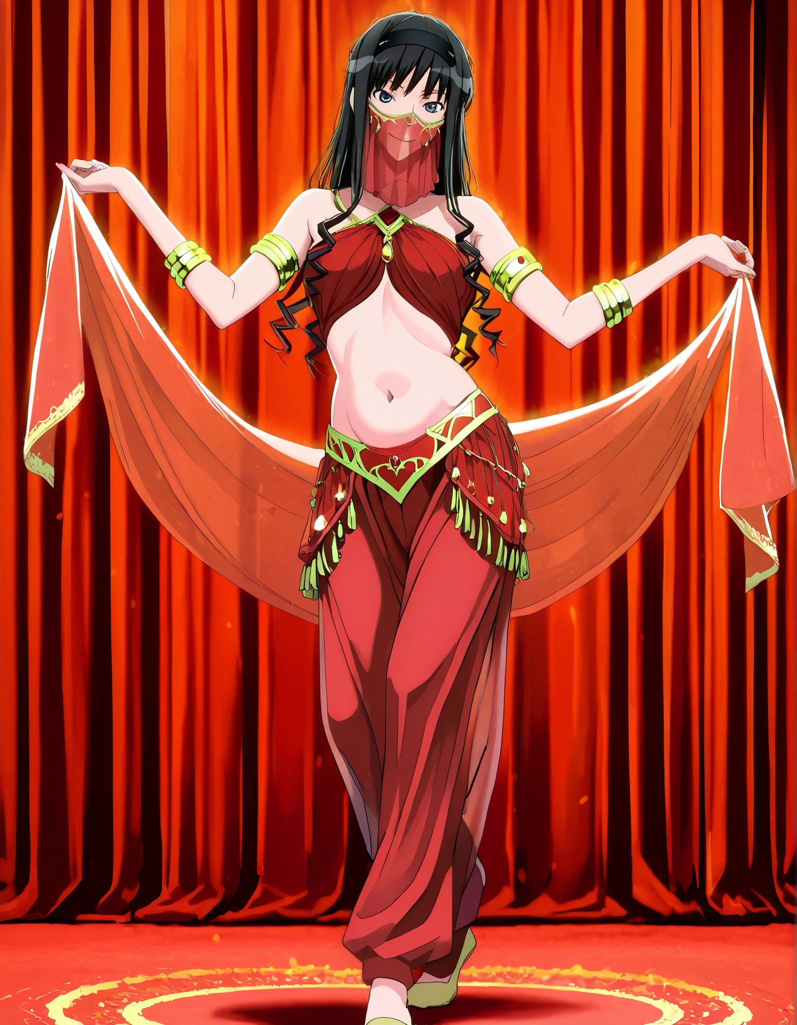 (1girl:1 . 5) , (Seul:1 . 5) , score_9 , score_8_haut , score_7_haut , source_anime , Official work , ultra-detailed , masterpiece , best quality , high resolution , beaux yeux , detailed eyes , Detailed face , beautiful detailed eyes,1girl,long hair, black hair, hairband, black hairband,blue eyes,Amagami SS,Haruka Morishima,Arabian Clothes , Arabian Dancer Outfit ,belly dancer costume,belly dancer outfit ,full body,golden jewelery,mouth veil,armlet, belly dancing,arabian theater,seductive smile, dancing with veil, dynamic movement,dance posture, seductive pose