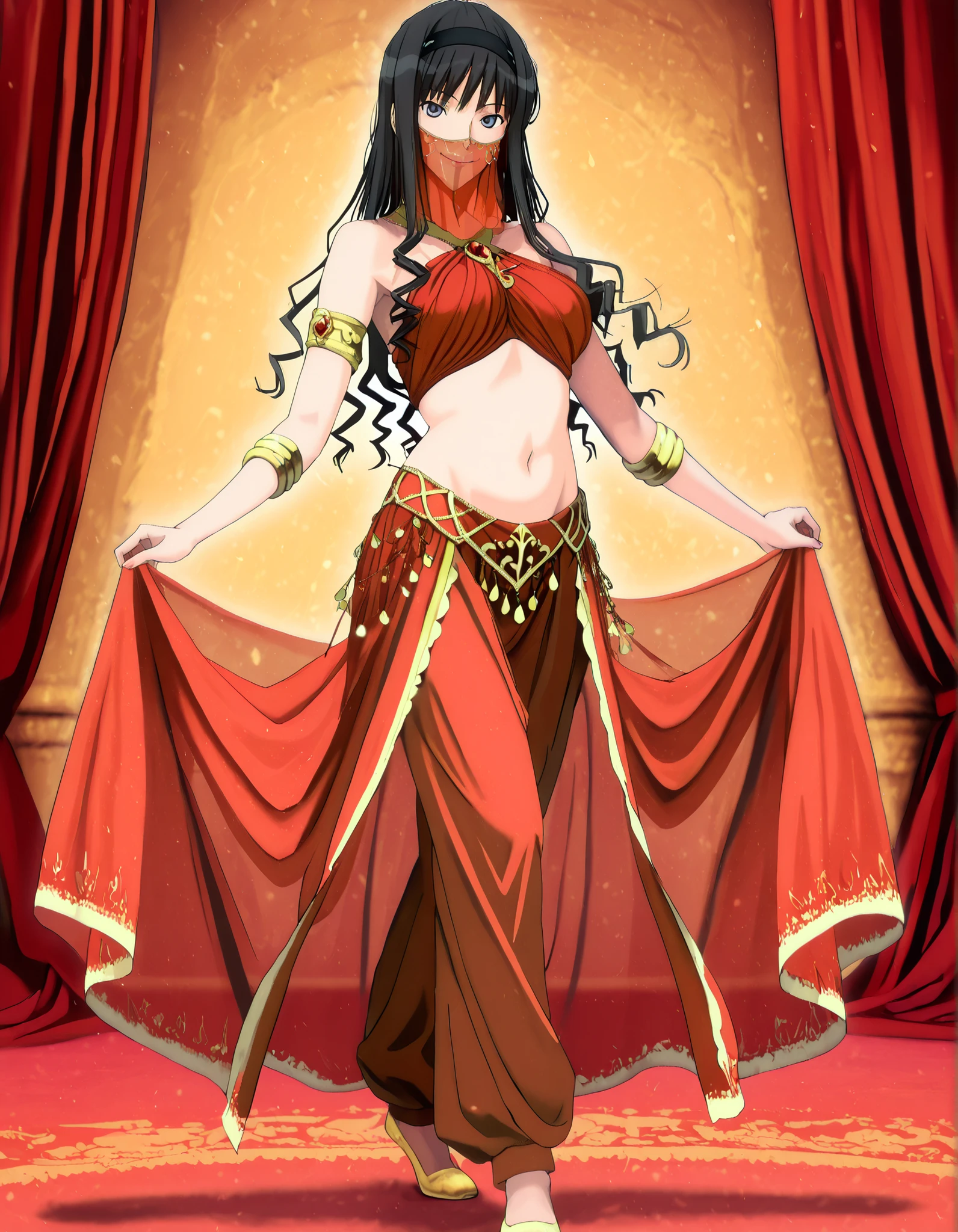 (1girl:1 . 5) , (Seul:1 . 5) , score_9 , score_8_haut , score_7_haut , source_anime , Official work , ultra-detailed , masterpiece , best quality , high resolution , beaux yeux , detailed eyes , Detailed face , beautiful detailed eyes,1girl,long hair, black hair, hairband, black hairband,blue eyes,Amagami SS,Haruka Morishima,Arabian Clothes , Arabian Dancer Outfit ,belly dancer costume,belly dancer outfit ,full body,golden jewelery,mouth veil,armlet, belly dancing,arabian theater,seductive smile, dancing with veil, dynamic movement,dance posture, seductive pose