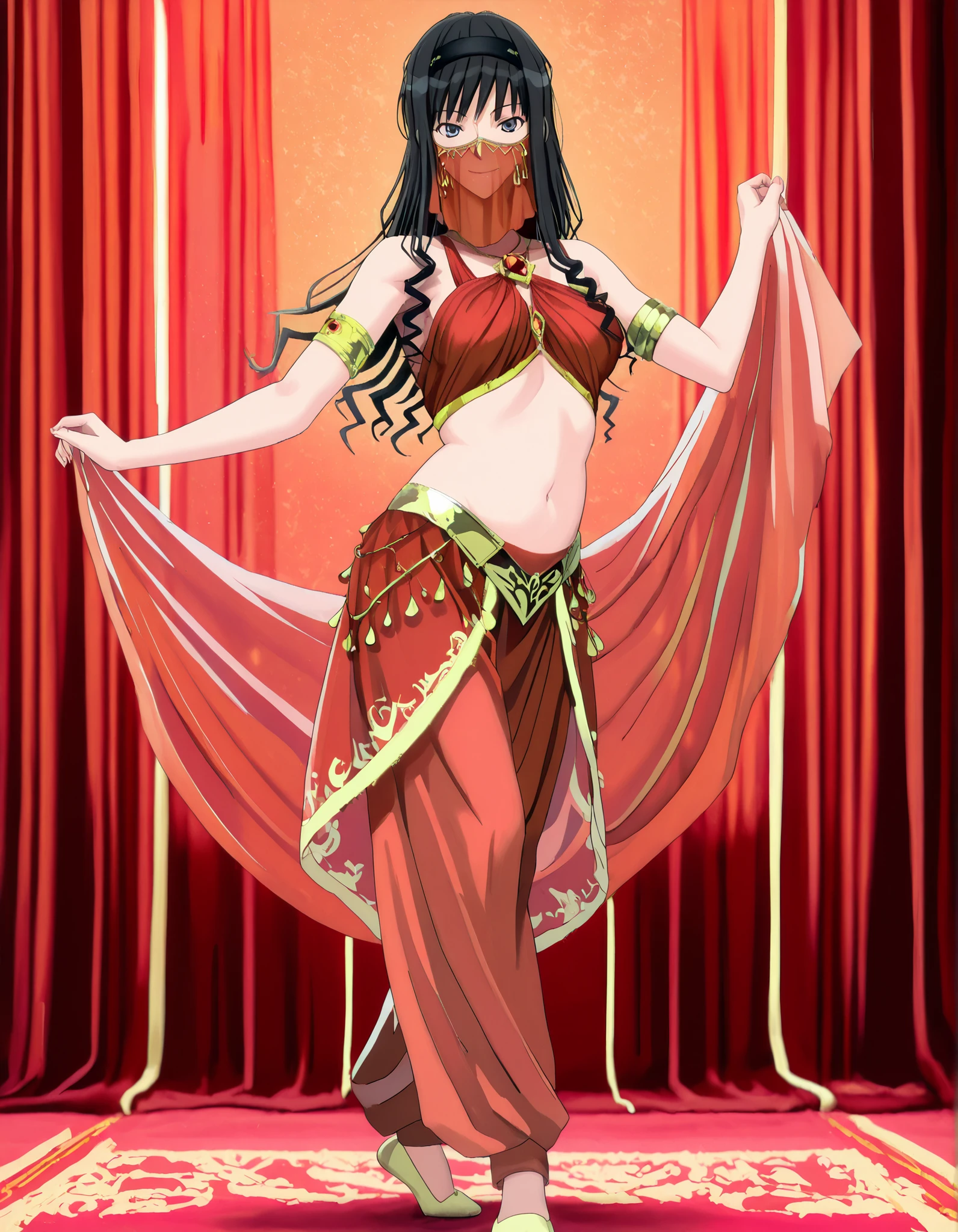 (1girl:1 . 5) , (Seul:1 . 5) , score_9 , score_8_haut , score_7_haut , source_anime , Official work , ultra-detailed , masterpiece , best quality , high resolution , beaux yeux , detailed eyes , Detailed face , beautiful detailed eyes,1girl,long hair, black hair, hairband, black hairband,blue eyes,Amagami SS,Haruka Morishima,Arabian Clothes , Arabian Dancer Outfit ,belly dancer costume,belly dancer outfit ,full body,golden jewelery,mouth veil,armlet, belly dancing,arabian theater,seductive smile, dancing with veil, dynamic movement,dance posture, seductive pose