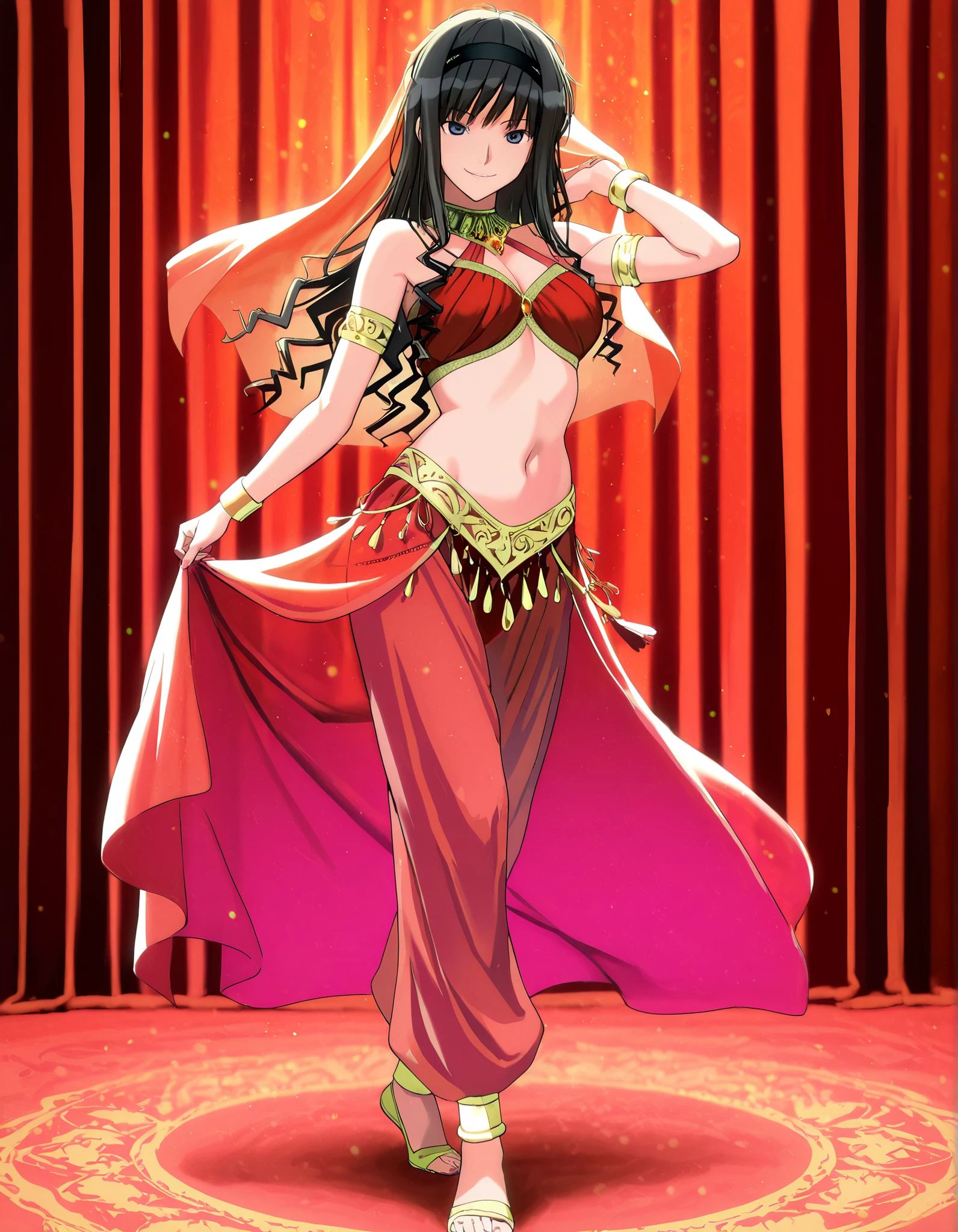 (1girl:1 . 5) , (Seul:1 . 5) , score_9 , score_8_haut , score_7_haut , source_anime , Official work  , ultra-detailed , masterpiece , best quality , high resolution , beaux yeux , detailed eyes , Detailed face , beautiful detailed eyes,1girl,long hair, black hair, hairband, black hairband,blue eyes,Amagami SS,Haruka Morishima,Arabian Clothes , Arabian Dancer Outfit ,belly dancer costume,belly dancer outfit ,full body,golden jewelery,armlet, belly dancing,arabian theater,seductive smile, dancing with veil, dynamic movement,dance posture, seductive pose