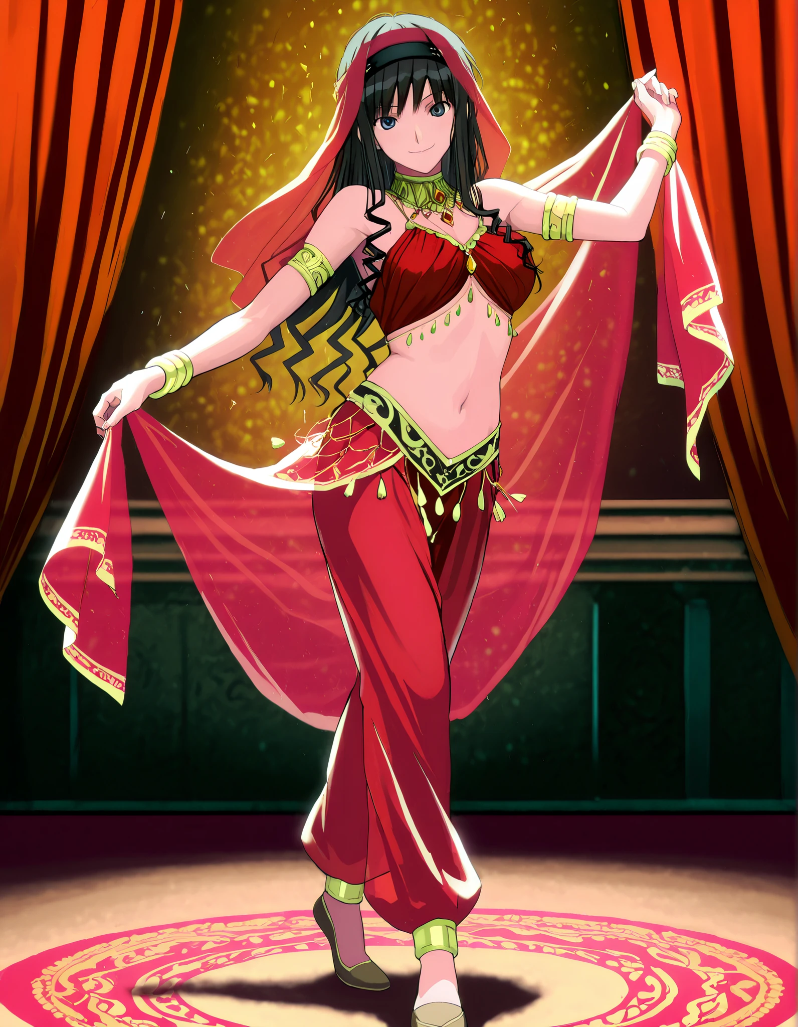 (1girl:1 . 5) , (Seul:1 . 5) , score_9 , score_8_haut , score_7_haut , source_anime , Official work  , ultra-detailed , masterpiece , best quality , high resolution , beaux yeux , detailed eyes , Detailed face , beautiful detailed eyes,1girl,long hair, black hair, hairband, black hairband,blue eyes,Amagami SS,Haruka Morishima,Arabian Clothes , Arabian Dancer Outfit ,belly dancer costume,belly dancer outfit ,full body,golden jewelery,armlet, belly dancing,arabian theater,seductive smile, dancing with veil, dynamic movement,dance posture, seductive pose