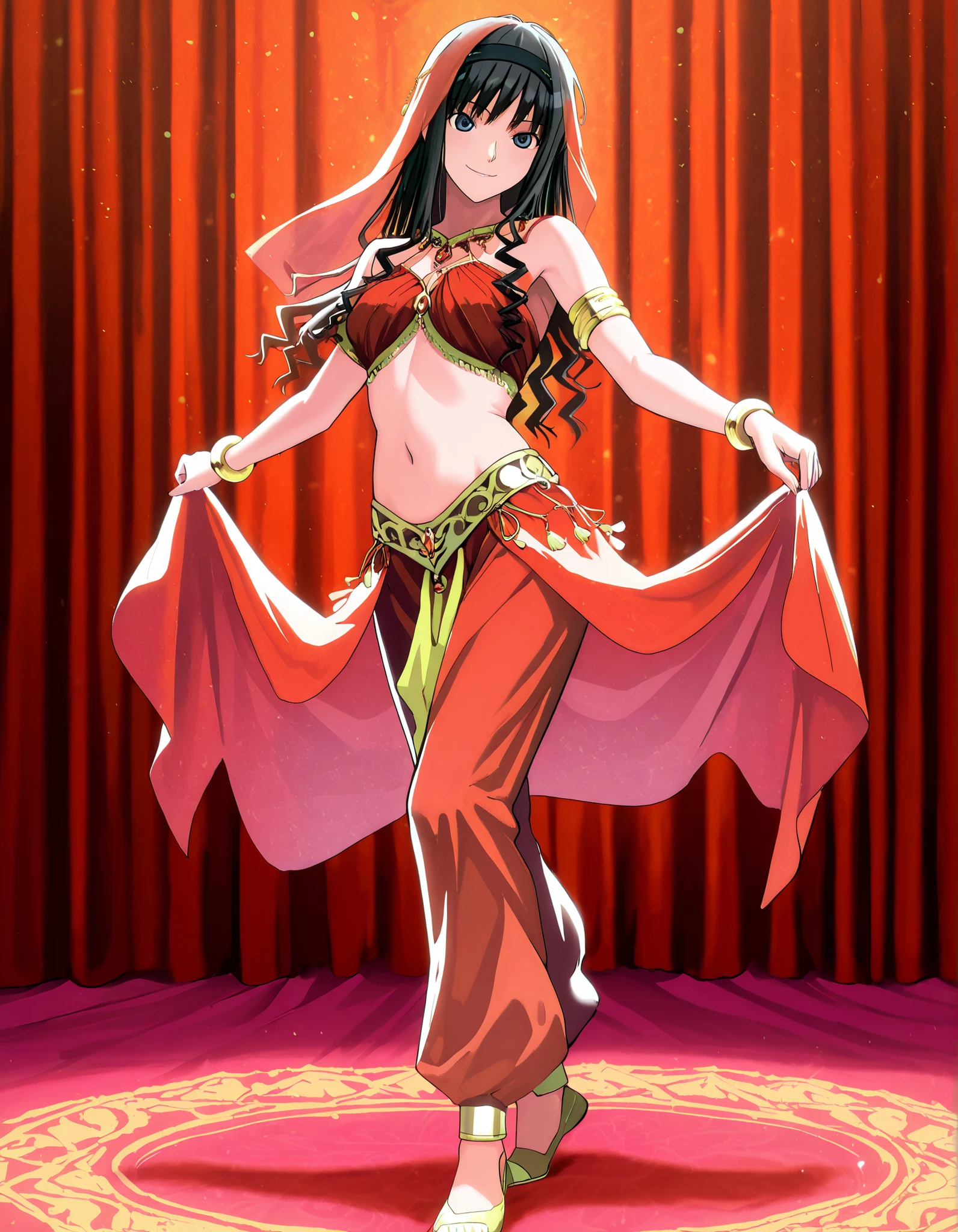 (1girl:1 . 5) , (Seul:1 . 5) , score_9 , score_8_haut , score_7_haut , source_anime , Official work , ultra-detailed , masterpiece , best quality , high resolution , beaux yeux , detailed eyes , Detailed face , beautiful detailed eyes,1girl,long hair, black hair, hairband, black hairband,blue eyes,Amagami SS,Haruka Morishima,Arabian Clothes , Arabian Dancer Outfit ,belly dancer costume,belly dancer outfit ,full body,golden jewelery,armlet, belly dancing,arabian theater,seductive smile, dancing with veil, dynamic movement,dance posture, seductive pose