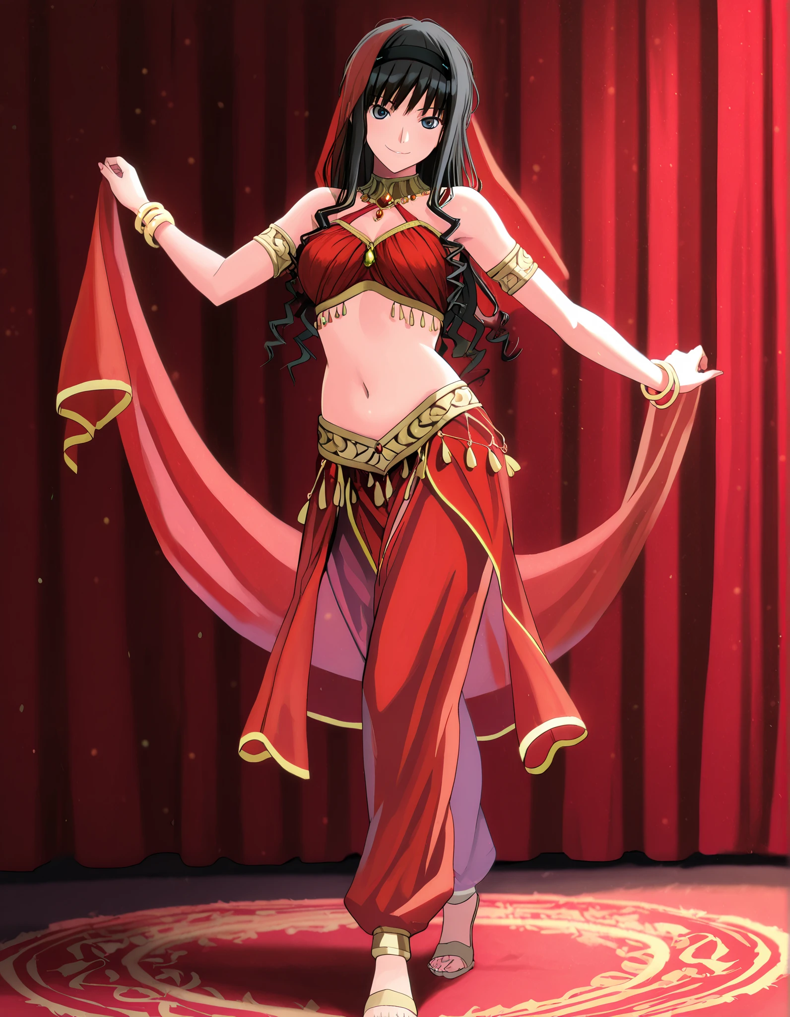 (1girl:1 . 5) , (Seul:1 . 5) , score_9 , score_8_haut , score_7_haut , source_anime , Official work , ultra-detailed , masterpiece , best quality , high resolution , beaux yeux , detailed eyes , Detailed face , beautiful detailed eyes,1girl,long hair, black hair, hairband, black hairband,blue eyes,Amagami SS,Haruka Morishima,Arabian Clothes , Arabian Dancer Outfit ,belly dancer costume,belly dancer outfit ,full body,golden jewelery,armlet, belly dancing,arabian theater,seductive smile, dancing with veil, dynamic movement,dance posture, seductive pose