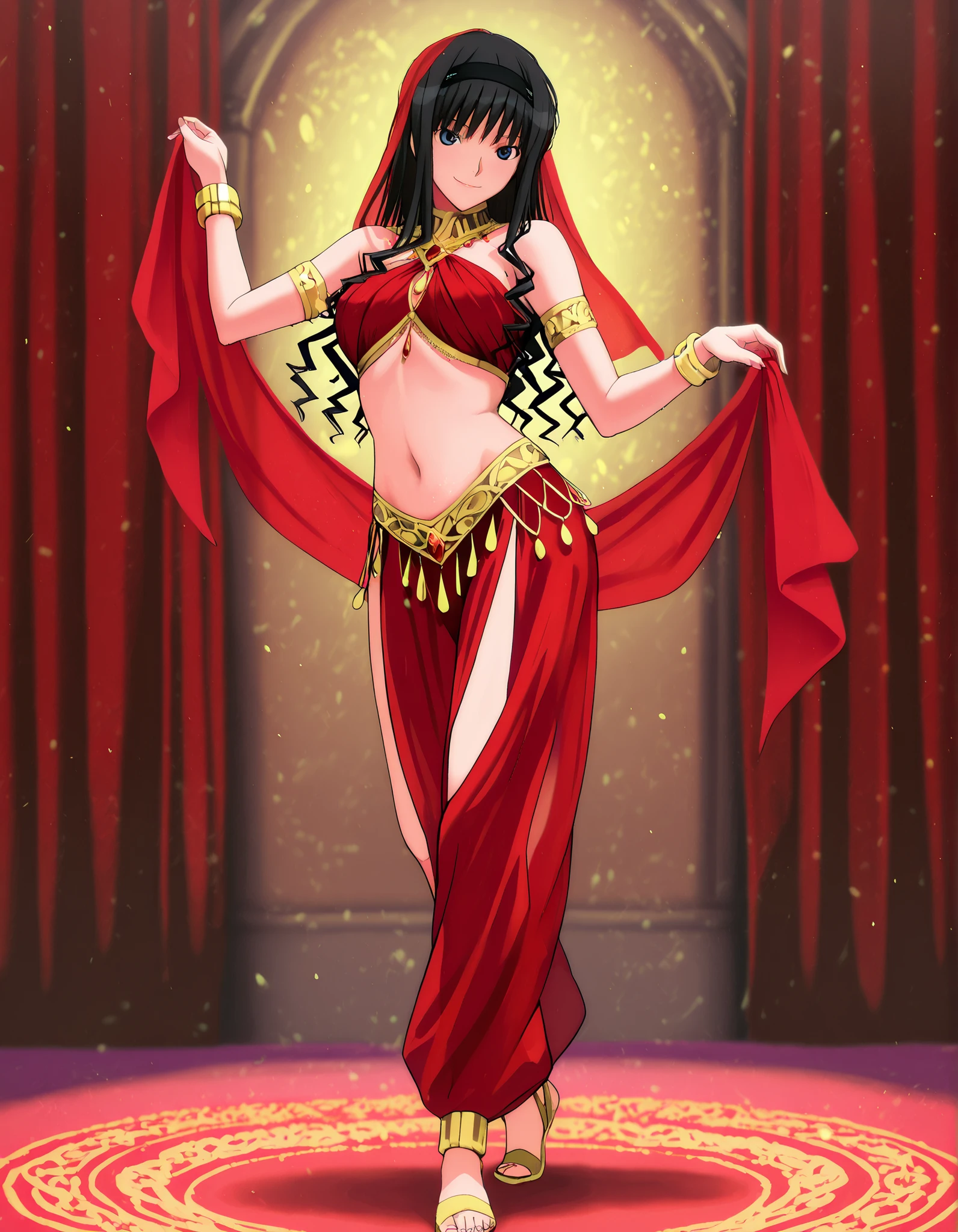(1girl:1 . 5) , (Seul:1 . 5) , score_9 , score_8_haut , score_7_haut , source_anime , Official work , ultra-detailed , masterpiece , best quality , high resolution , beaux yeux , detailed eyes , Detailed face , beautiful detailed eyes,1girl,long hair, black hair, hairband, black hairband,blue eyes,Amagami SS,Haruka Morishima,Arabian Clothes , Arabian Dancer Outfit ,belly dancer costume,belly dancer outfit ,full body,golden jewelery,armlet, belly dancing,arabian garden,seductive smile, dancing with veil, dynamic movement,dance posture, seductive pose
