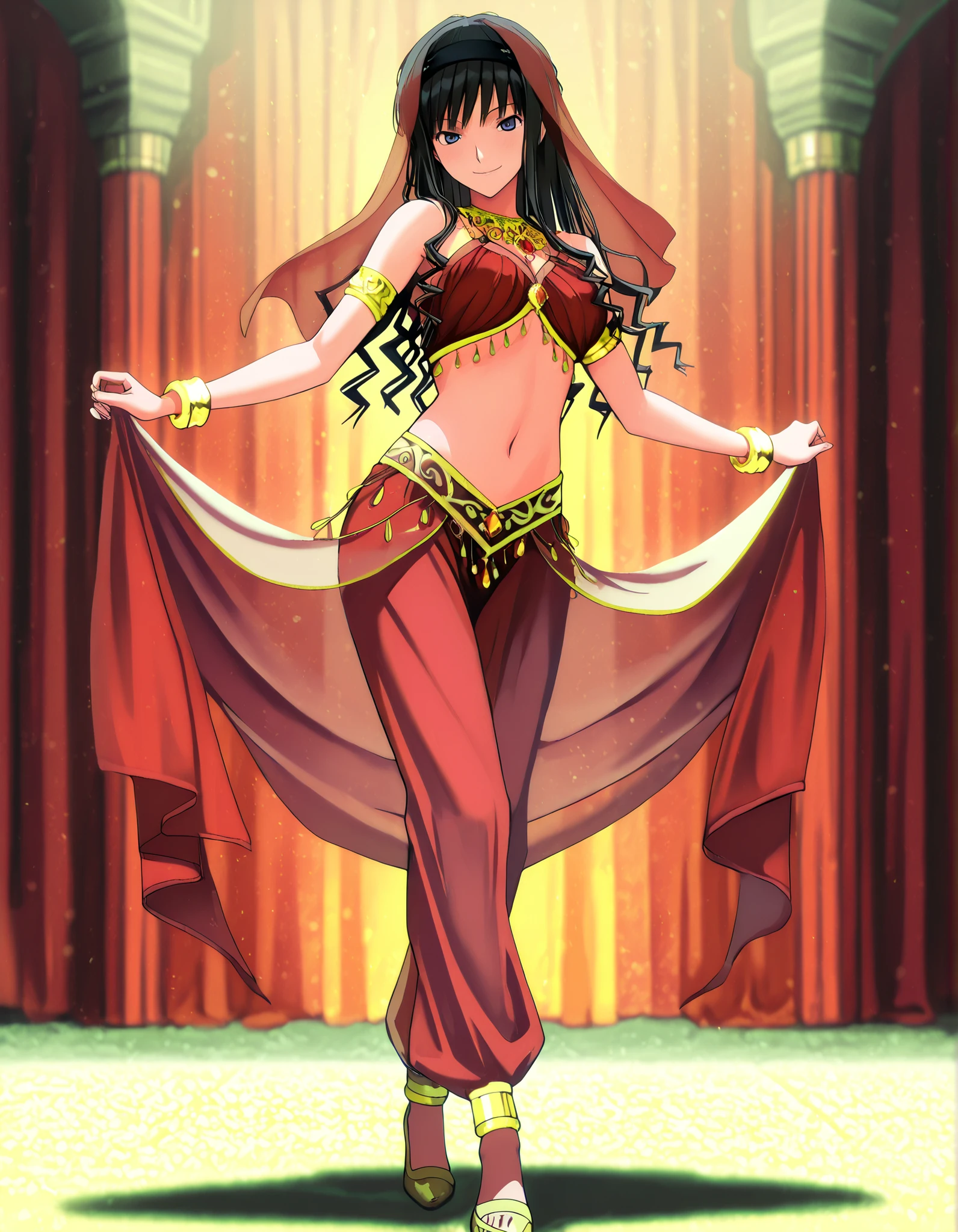 (1girl:1 . 5) , (Seul:1 . 5) , score_9 , score_8_haut , score_7_haut , source_anime , Official work  , ultra-detailed , masterpiece , best quality , high resolution , beaux yeux , detailed eyes , Detailed face , beautiful detailed eyes,1girl,long hair, black hair, hairband, black hairband,blue eyes,Amagami SS,Haruka Morishima,Arabian Clothes , Arabian Dancer Outfit ,belly dancer costume,belly dancer outfit ,full body,golden jewelery,armlet, belly dancing,arabian garden,seductive smile, dancing with veil, dynamic movement,dance posture, seductive pose
