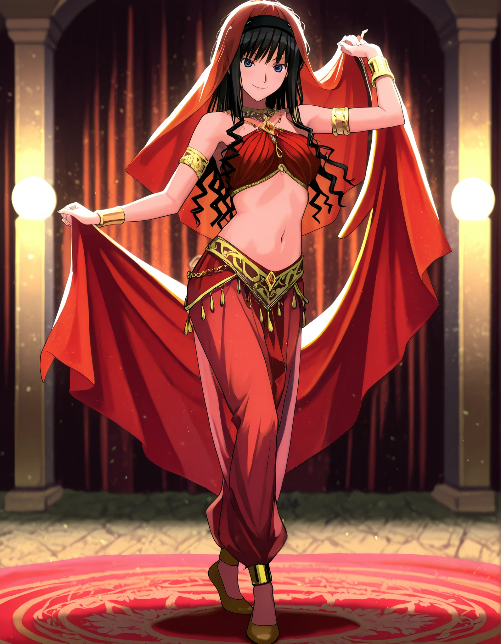 (1girl:1 . 5) , (Seul:1 . 5) , score_9 , score_8_haut , score_7_haut , source_anime , Official work , ultra-detailed , masterpiece , best quality , high resolution , beaux yeux , detailed eyes , Detailed face , beautiful detailed eyes,1girl,long hair, black hair, hairband, black hairband,blue eyes,Amagami SS,Haruka Morishima,Arabian Clothes , Arabian Dancer Outfit ,belly dancer costume,belly dancer outfit ,full body,golden jewelery,armlet, belly dancing,arabian garden,seductive smile, dancing with veil, dynamic movement,dance posture, seductive pose