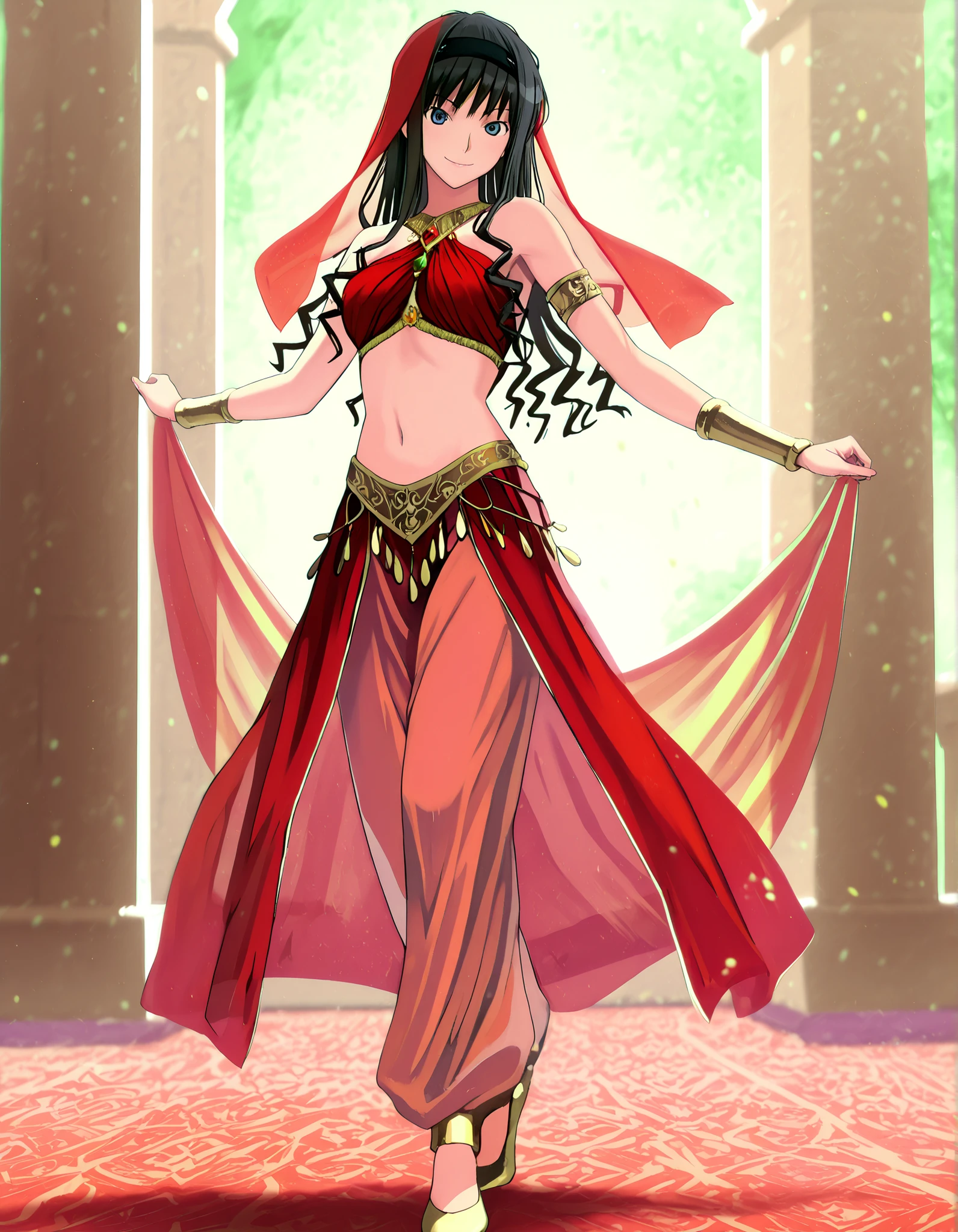 (1girl:1 . 5) , (Seul:1 . 5) , score_9 , score_8_haut , score_7_haut , source_anime , Official work  , ultra-detailed , masterpiece , best quality , high resolution , beaux yeux , detailed eyes , Detailed face , beautiful detailed eyes,1girl,long hair, black hair, hairband, black hairband,blue eyes,Amagami SS,Haruka Morishima,Arabian Clothes , Arabian Dancer Outfit ,belly dancer costume,belly dancer outfit ,full body,golden jewelery,armlet, belly dancing,arabian garden,seductive smile, dancing with veil, dynamic movement,dance posture, seductive pose