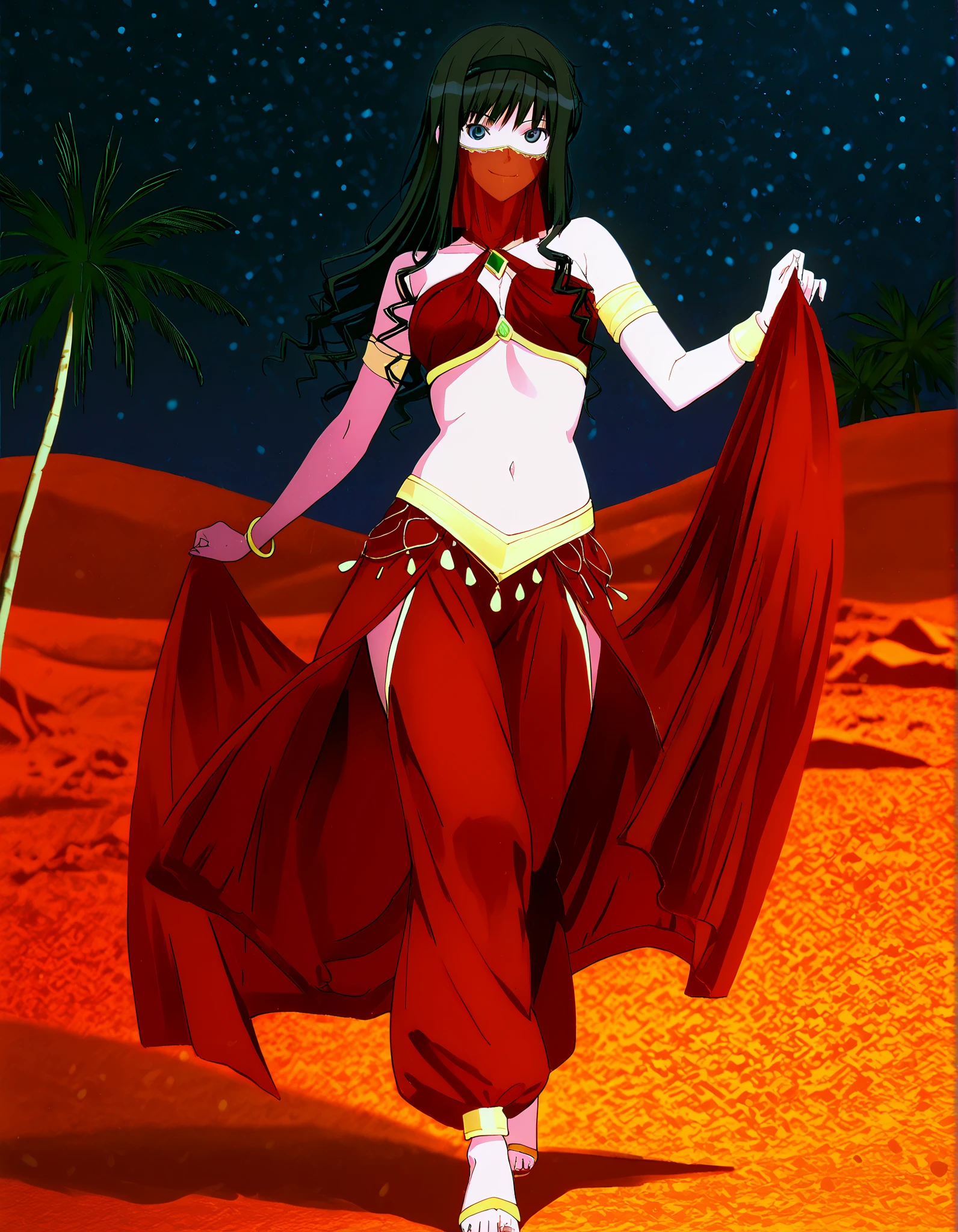 (1girl:1 . 5) , (Seul:1 . 5) , score_9 , score_8_haut , score_7_haut , source_anime , Official work  , ultra-detailed , masterpiece , best quality , high resolution , beaux yeux , detailed eyes , Detailed face , beautiful detailed eyes,1girl,long hair, black hair, hairband, black hairband,blue eyes,Amagami SS,Haruka Morishima,Arabian Clothes , Arabian Dancer Outfit ,belly dancer costume,belly dancer outfit ,full body,golden jewelery,mouth veil,armlet, belly dancing,night,desert lands,palm tree,seductive smile, dancing with veil, dynamic movement,dance posture, seductive pose