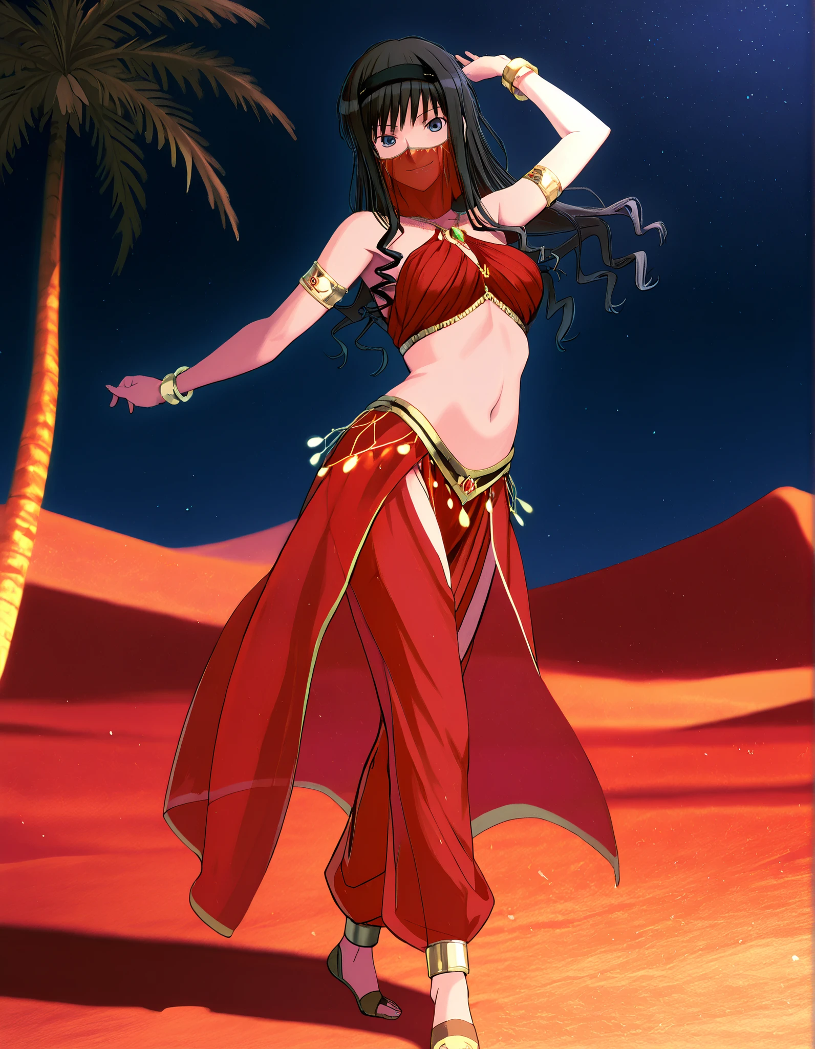 (1girl:1 . 5) , (Seul:1 . 5) , score_9 , score_8_haut , score_7_haut , source_anime , Official work , ultra-detailed , masterpiece , best quality , high resolution , beaux yeux , detailed eyes , Detailed face , beautiful detailed eyes,1girl,long hair, black hair, hairband, black hairband,blue eyes,Amagami SS,Haruka Morishima,Arabian Clothes , Arabian Dancer Outfit ,belly dancer costume,belly dancer outfit ,full body,golden jewelery,mouth veil,armlet, belly dancing,night,desert lands,palm tree,seductive smile, dancing with veil, dynamic movement,dance posture, seductive pose