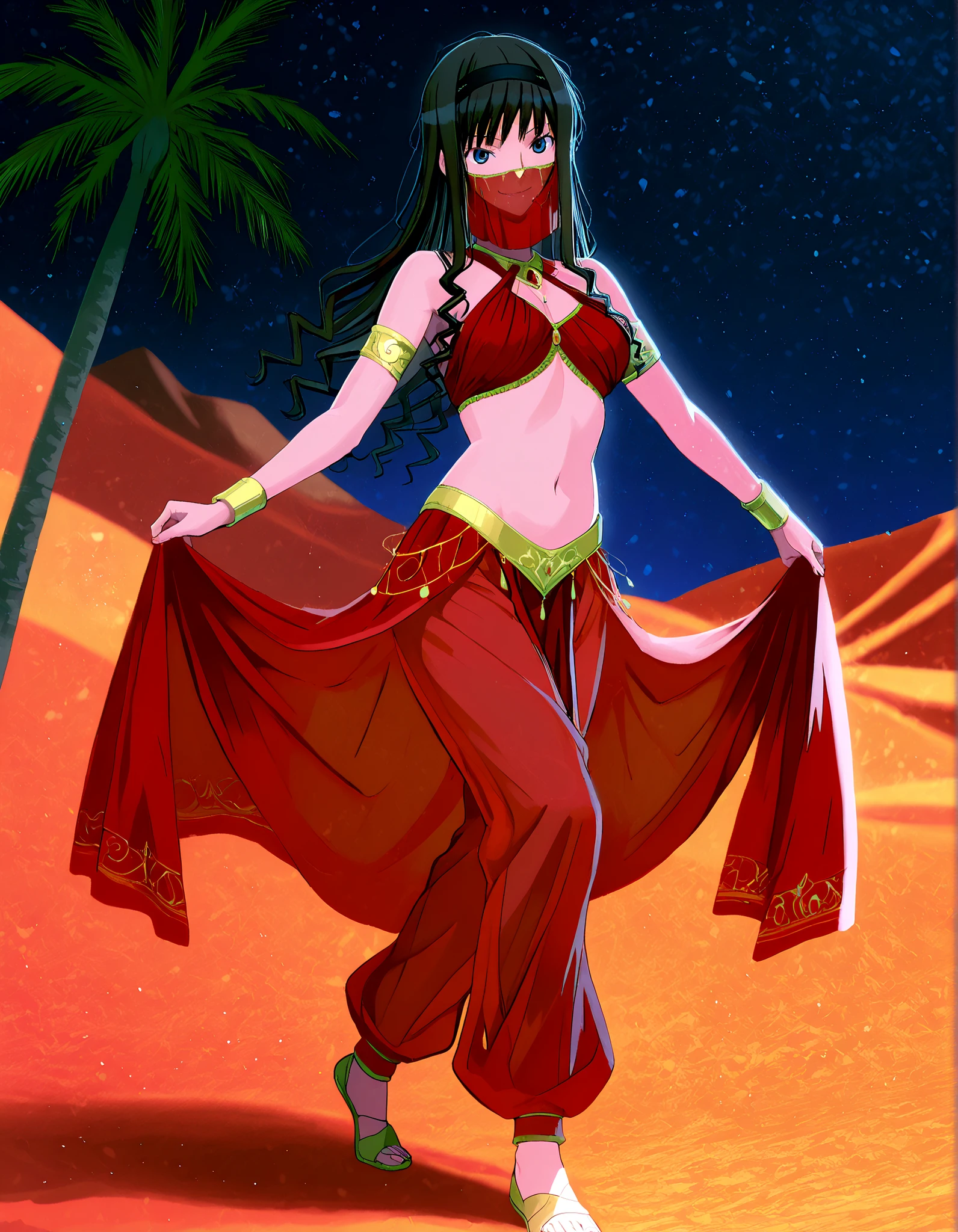 (1girl:1 . 5) , (Seul:1 . 5) , score_9 , score_8_haut , score_7_haut , source_anime , Official work , ultra-detailed , masterpiece , best quality , high resolution , beaux yeux , detailed eyes , Detailed face , beautiful detailed eyes,1girl,long hair, black hair, hairband, black hairband,blue eyes,Amagami SS,Haruka Morishima,Arabian Clothes , Arabian Dancer Outfit ,belly dancer costume,belly dancer outfit ,full body,golden jewelery,mouth veil,armlet, belly dancing,night,desert lands,palm tree,seductive smile, dancing with veil, dynamic movement,dance posture, seductive pose