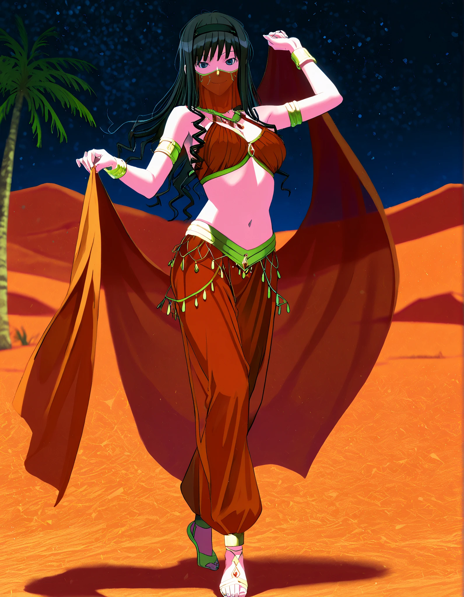 (1girl:1 . 5) , (Seul:1 . 5) , score_9 , score_8_haut , score_7_haut , source_anime , Official work , ultra-detailed , masterpiece , best quality , high resolution , beaux yeux , detailed eyes , Detailed face , beautiful detailed eyes,1girl,long hair, black hair, hairband, black hairband,blue eyes,Amagami SS,Haruka Morishima,Arabian Clothes , Arabian Dancer Outfit ,belly dancer costume,belly dancer outfit ,full body,golden jewelery,mouth veil,armlet, belly dancing,night,desert lands,palm tree,seductive smile, dancing with veil, dynamic movement,dance posture, seductive pose