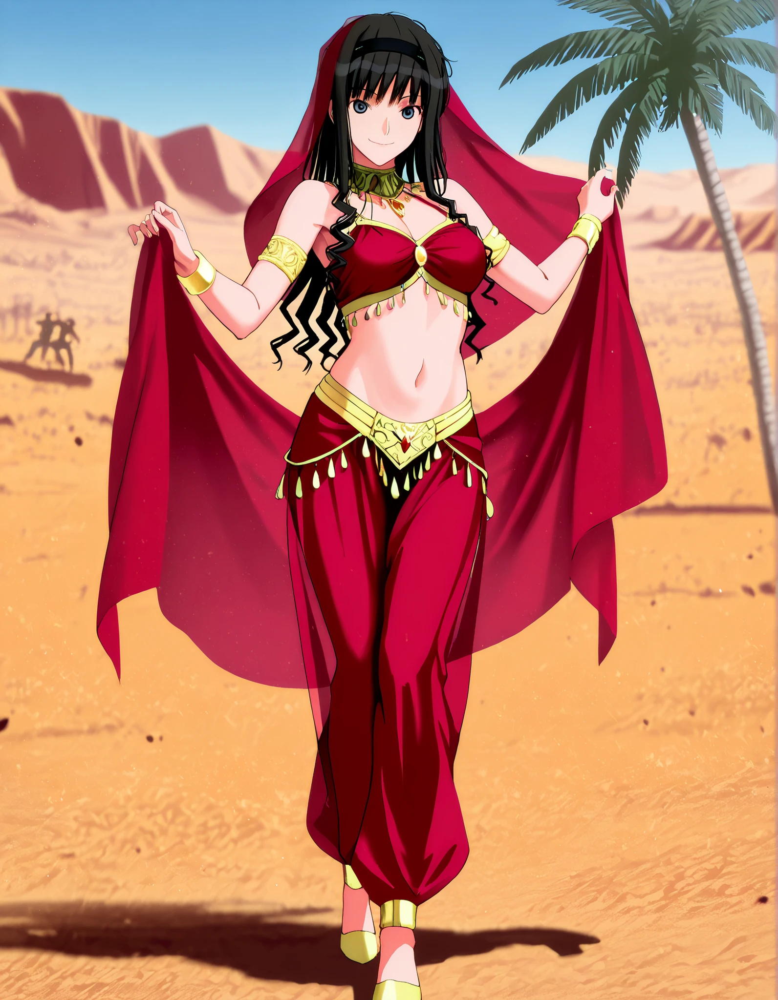 (1girl:1 . 5) , (Seul:1 . 5) , score_9 , score_8_haut , score_7_haut , source_anime , Official work , ultra-detailed , masterpiece , best quality , high resolution , beaux yeux , detailed eyes , Detailed face , beautiful detailed eyes,1girl,long hair, black hair, hairband, black hairband,blue eyes,Amagami SS,Haruka Morishima,Arabian Clothes , Arabian Dancer Outfit ,belly dancer costume,belly dancer outfit ,full body,golden jewelery,armlet, belly dancing,desert lands,palm tree,seductive smile, dancing with veil, dynamic movement,dance posture, seductive pose