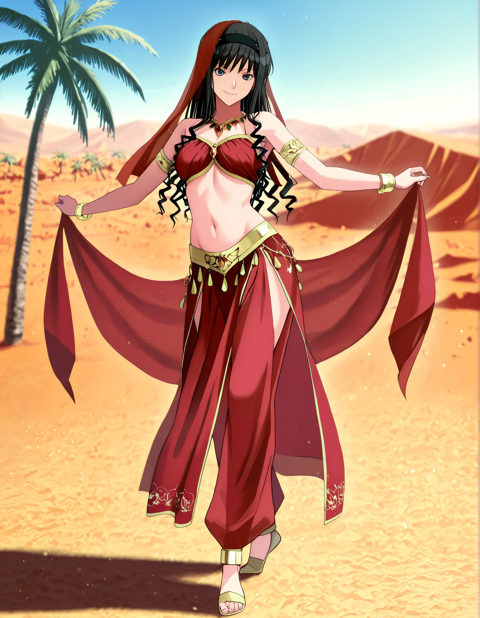 (1girl:1 . 5) , (Seul:1 . 5) , score_9 , score_8_haut , score_7_haut , source_anime , Official work , ultra-detailed , masterpiece , best quality , high resolution , beaux yeux , detailed eyes , Detailed face , beautiful detailed eyes,1girl,long hair, black hair, hairband, black hairband,blue eyes,Amagami SS,Haruka Morishima,Arabian Clothes , Arabian Dancer Outfit ,belly dancer costume,belly dancer outfit ,full body,golden jewelery,armlet, belly dancing,desert lands,palm tree,seductive smile, dancing with veil, dynamic movement,dance posture, seductive pose