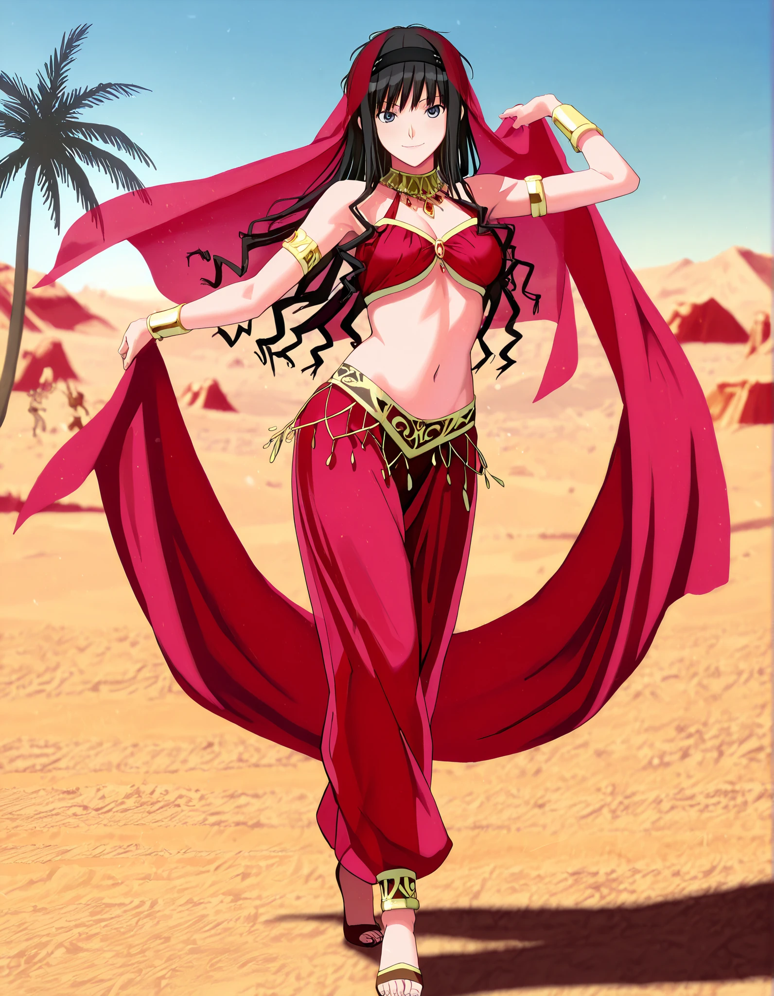 (1girl:1 . 5) , (Seul:1 . 5) , score_9 , score_8_haut , score_7_haut , source_anime , Official work , ultra-detailed , masterpiece , best quality , high resolution , beaux yeux , detailed eyes , Detailed face , beautiful detailed eyes,1girl,long hair, black hair, hairband, black hairband,blue eyes,Amagami SS,Haruka Morishima,Arabian Clothes , Arabian Dancer Outfit ,belly dancer costume,belly dancer outfit ,full body,golden jewelery,armlet, belly dancing,desert lands,palm tree,seductive smile, dancing with veil, dynamic movement,dance posture, seductive pose