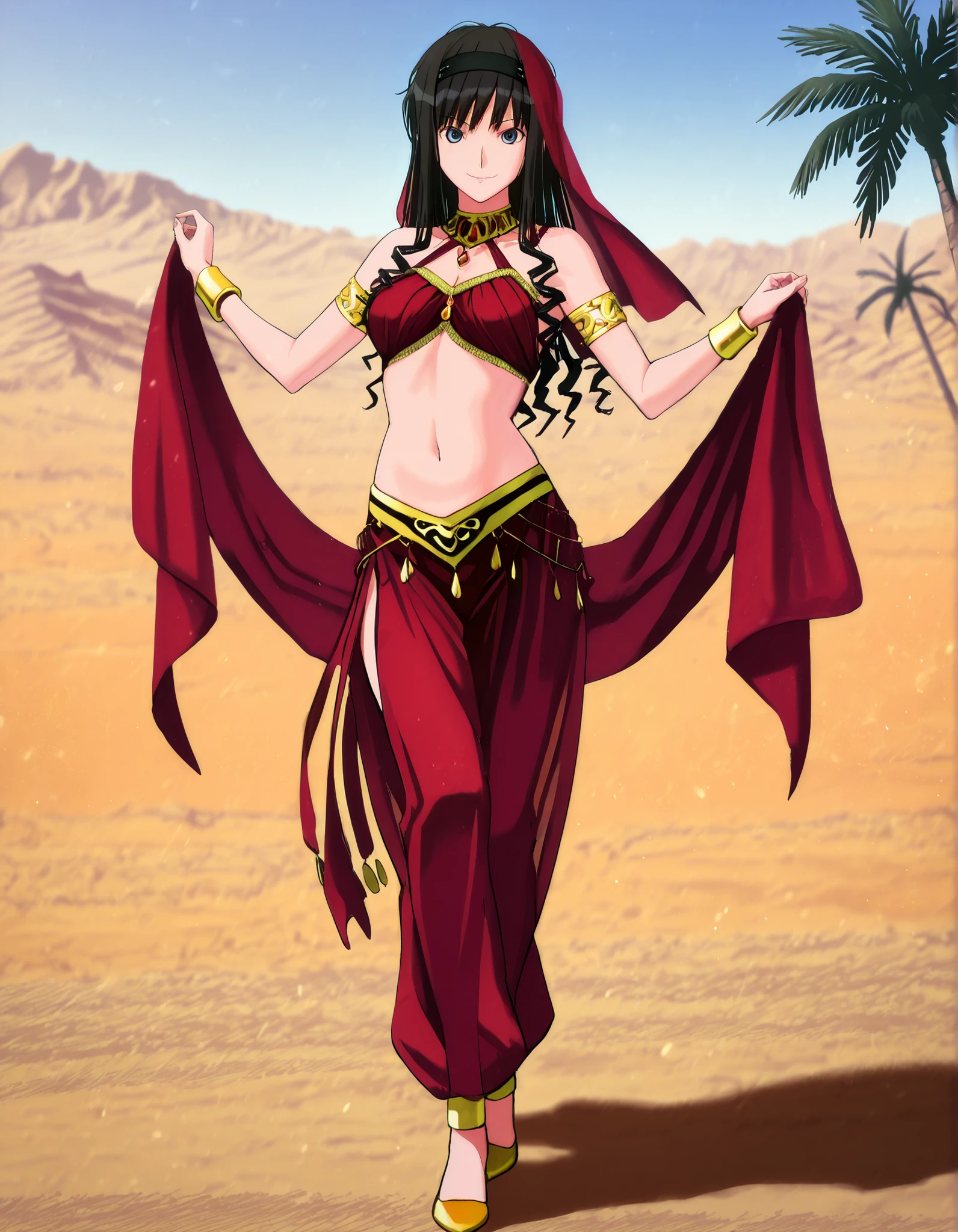 (1girl:1 . 5) , (Seul:1 . 5) , score_9 , score_8_haut , score_7_haut , source_anime , Official work , ultra-detailed , masterpiece , best quality , high resolution , beaux yeux , detailed eyes , Detailed face , beautiful detailed eyes,1girl,long hair, black hair, hairband, black hairband,blue eyes,Amagami SS,Haruka Morishima,Arabian Clothes , Arabian Dancer Outfit ,belly dancer costume,belly dancer outfit ,full body,golden jewelery,armlet, belly dancing,desert lands,palm tree,seductive smile, dancing with veil, dynamic movement,dance posture, seductive pose