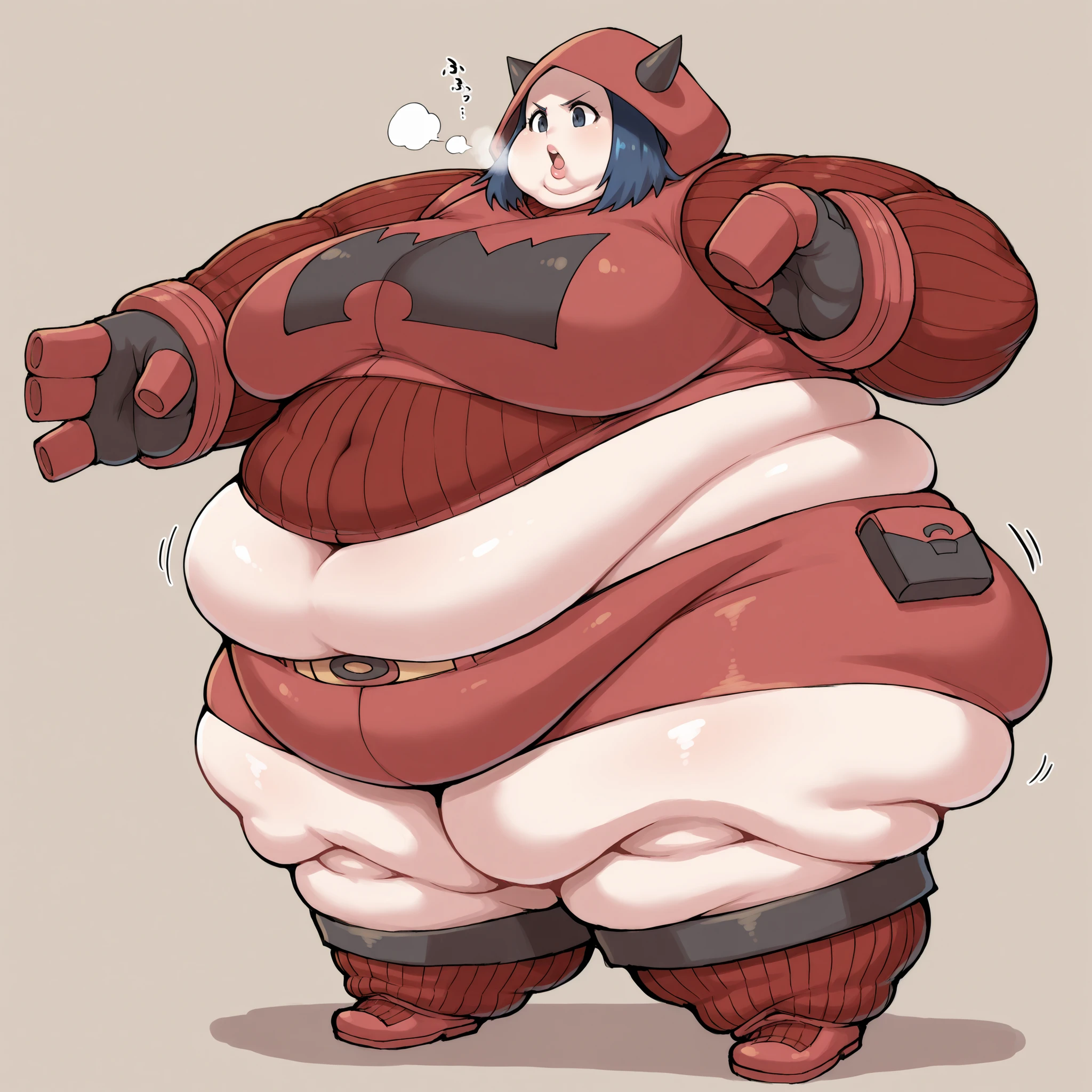 tmgrnt, dark blue hair, forehead, dark blue eyes, medium hair, large breasts
hood up, fake horns, hooded vest, ribbed sweater, red hoodie, red sweater, red gloves, red shorts, red boots, fat, chubby, obese, fat neck, multiple chins, big breasts open mouth, out of breath, Larger female, full body shot, only head, large head, oversized limbs, large hands, large feet, oversized feet, oversized fingers, big lips, plump lips, fat face, fupa, big fupa, fat fupa, hunchback, 