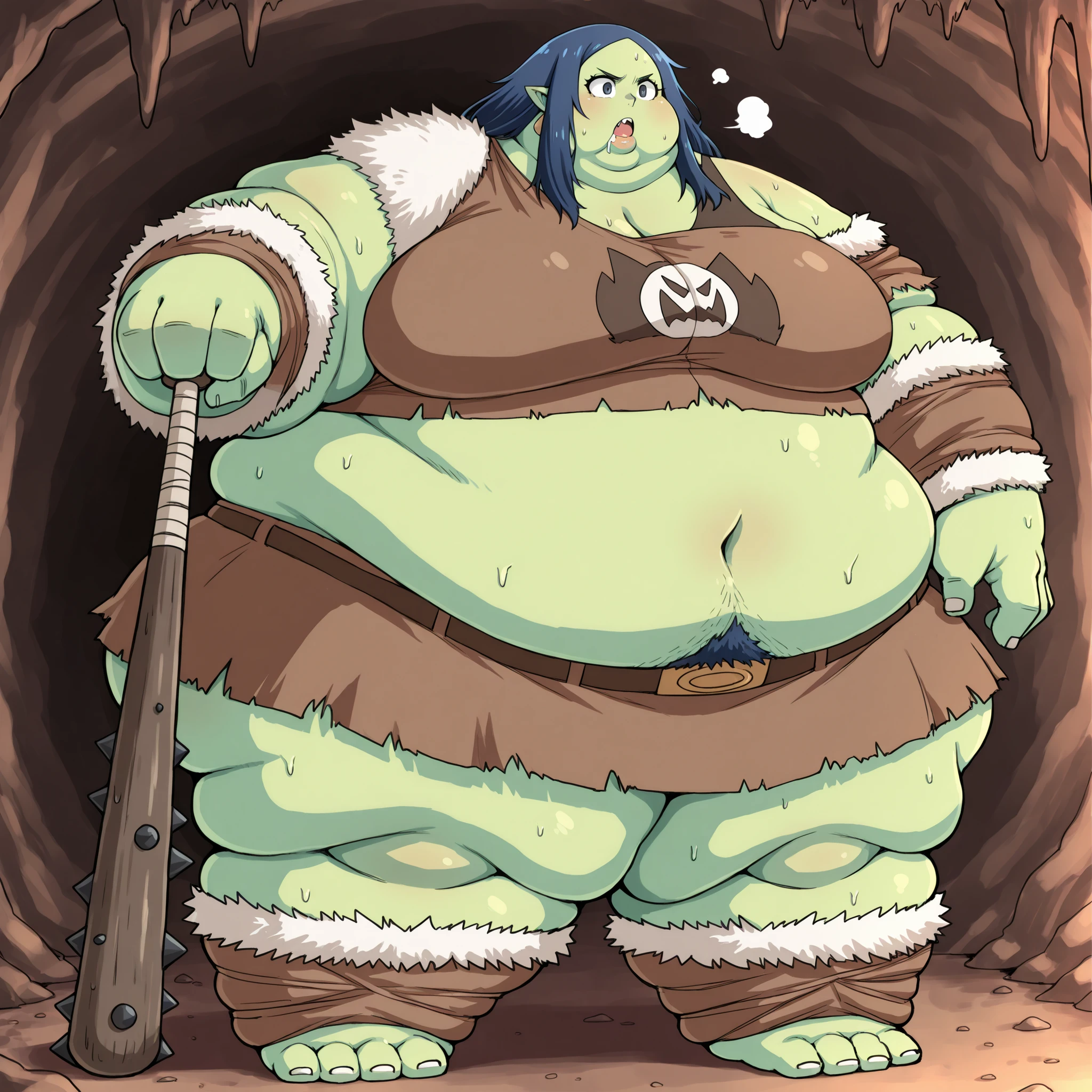 tmgrnt, dark blue hair, forehead, dark blue eyes, big breasts, Becoming a orc, monster, Orc, Female Orc, green skin, tusks, Orc, fangs, 1girl, fur, rags, brown crop top, fur trim crop top, single off shoulder, midriff, navel, brown miniskirt, fur trim miniskirt, blank_stare, empty_stare, fat, chubby, obese, gigantic arms and legs, large breasts, sweating, wet body, swollen face, Fat_neck , Fat head , eyes with crushed cheeks , nose with crushed cheeks , mouth with crushed cheeks , chin roll, only head, large head, oversized limbs, large hands, large feet, oversized feet, oversized fingers, big lips, plump lips, fat face, fupa, big fupa, fat fupa, in a cave, open mouth, drooling, pubic hair, hairy, holding a club, holding a weapon, fat, chubby, obese, fat neck, multiple chins, big breasts open mouth, out of breath, Larger female, full body shot, only head, large head, oversized limbs, large hands, large feet, oversized feet, oversized fingers, big lips, plump lips, fat face, fupa, big fupa, fat fupa, hunchback, 
