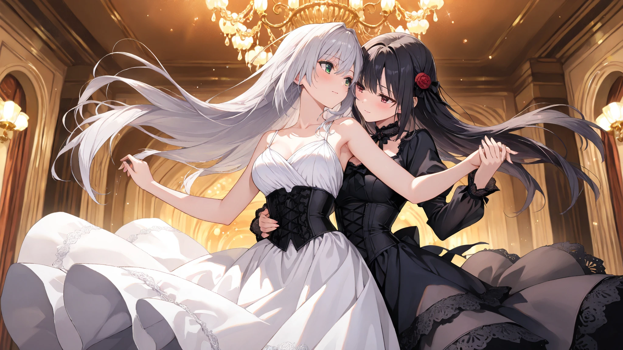 A group of young princesses, (in bedroom), various hair styles, harem, wearing royal dress, night, details face, , short skirt, seducing, sleeveless , showing armpits, night, starry night