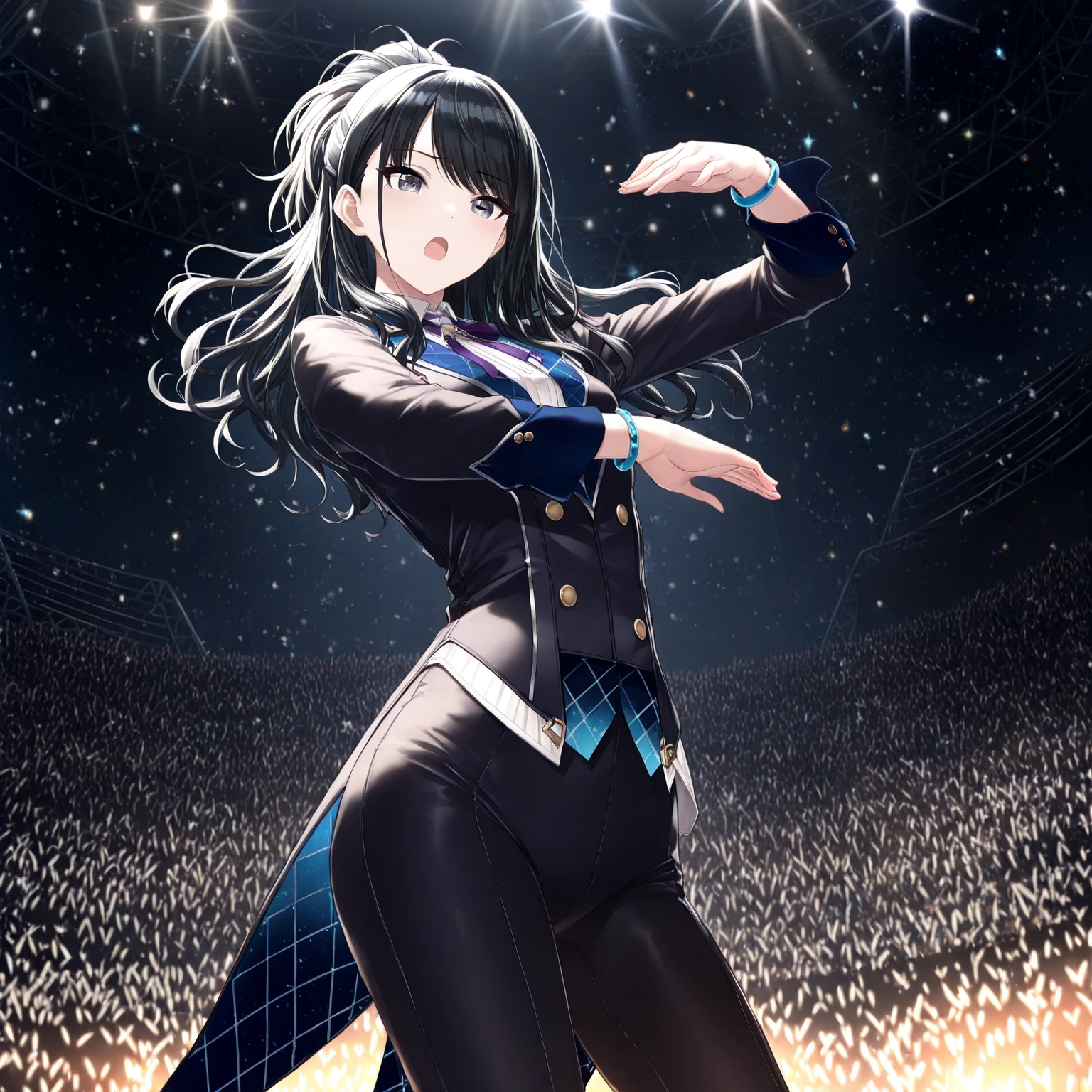 ((Highest quality)), ((masterpiece)), (detailed), （Perfect Face）、The woman is Aoki Reika, has medium-long hair and is a member of a Korean K-POP girl group.、The woman is wearing a cool costume from a Korean K-POP girl group, dancing elegantly and coolly in K-POP, and offering  favours to her team members and directors.